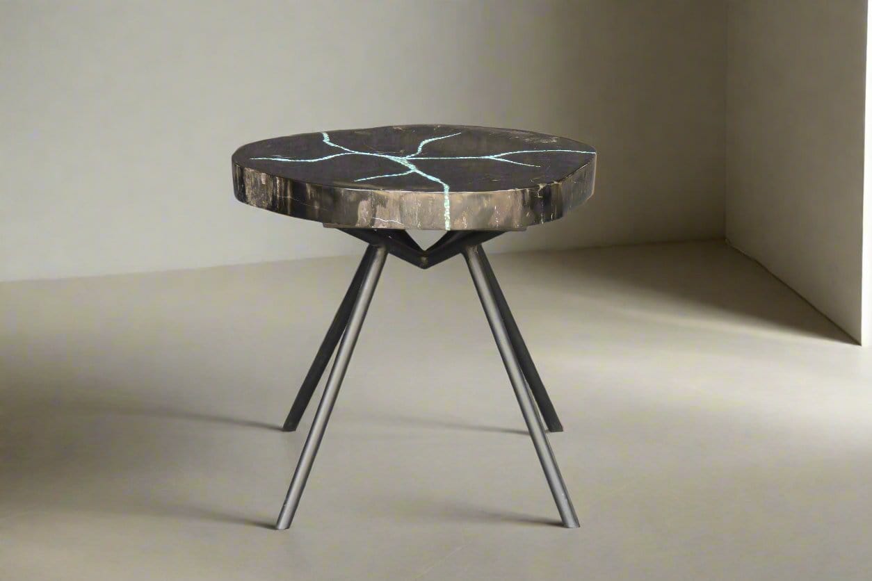 Kalifano Petrified Wood Petrified Wood Round Coffee Howlite Turquoise Inlayed Table 19" / 35 lbs PWTTQ1500.004