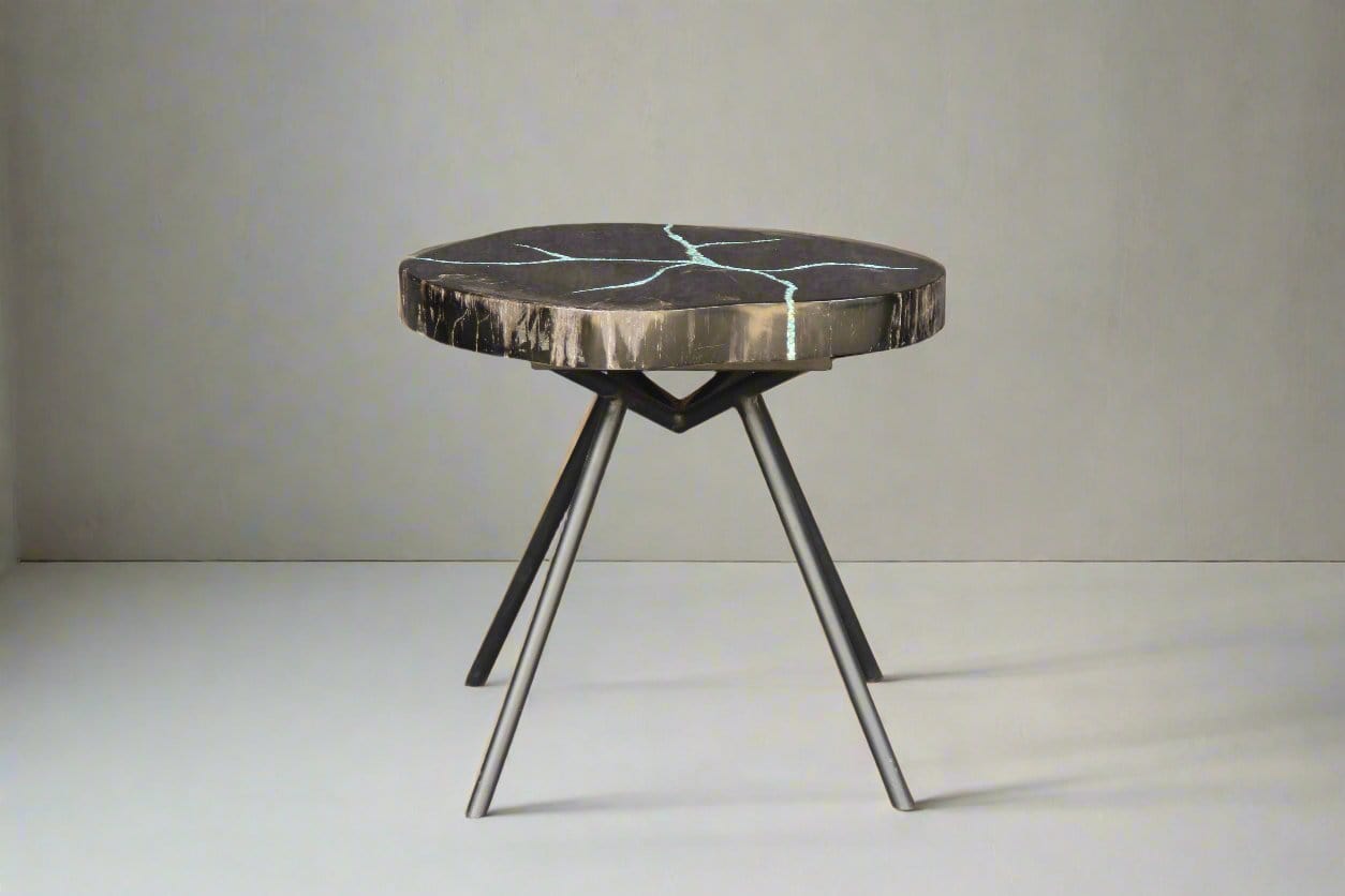 Kalifano Petrified Wood Petrified Wood Round Coffee Howlite Turquoise Inlayed Table 19" / 35 lbs PWTTQ1500.004