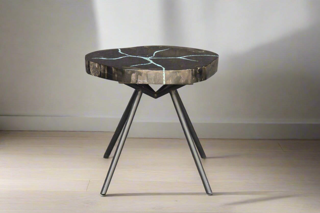 Kalifano Petrified Wood Petrified Wood Round Coffee Howlite Turquoise Inlayed Table 19" / 35 lbs PWTTQ1500.005