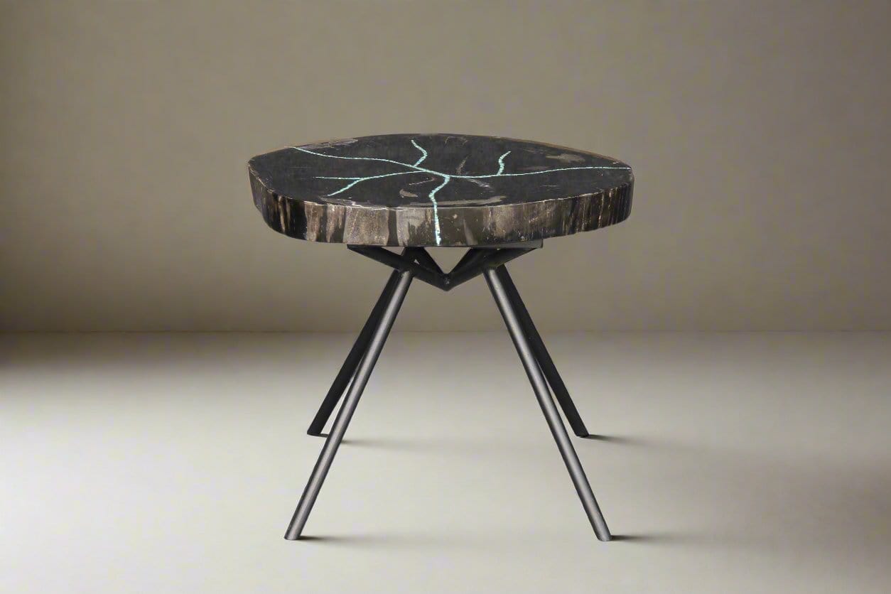 Kalifano Petrified Wood Petrified Wood Round Coffee Howlite Turquoise Inlayed Table 20" / 42 lbs PWTTQ1800.001
