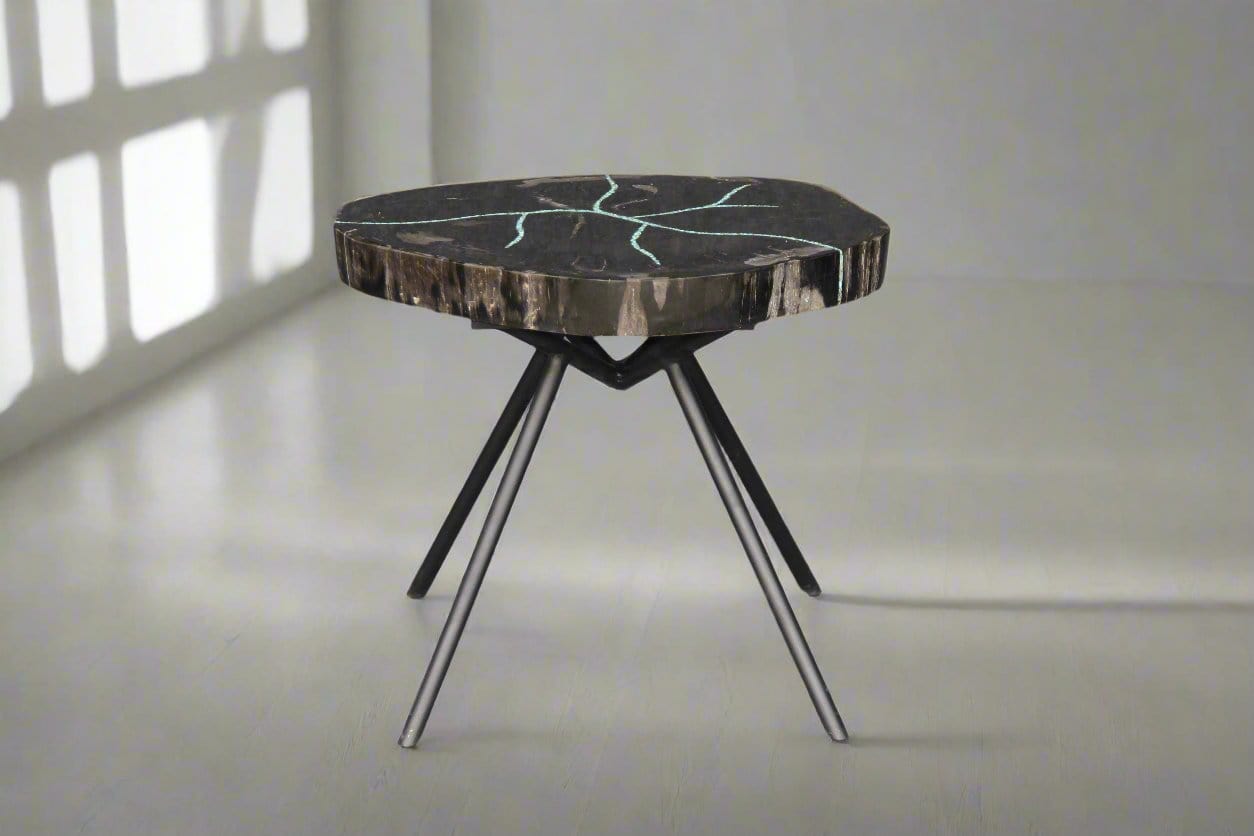 Kalifano Petrified Wood Petrified Wood Round Coffee Howlite Turquoise Inlayed Table 20" / 42 lbs PWTTQ1800.001