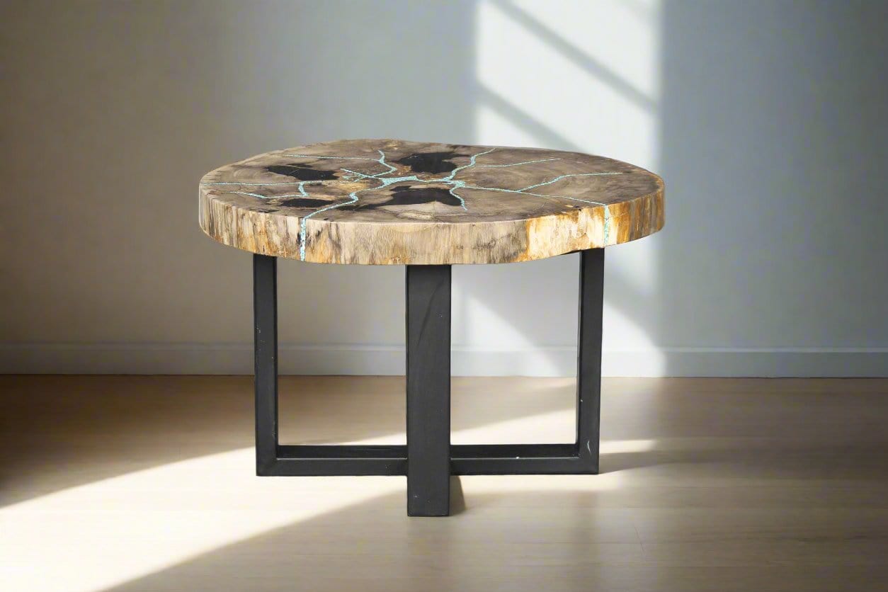 Kalifano Petrified Wood Petrified Wood Round Coffee Howlite Turquoise Inlayed Table 26" / 86 lbs PWTTQ3600.003