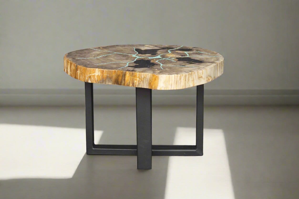 Kalifano Petrified Wood Petrified Wood Round Coffee Howlite Turquoise Inlayed Table 26" / 86 lbs PWTTQ3600.003