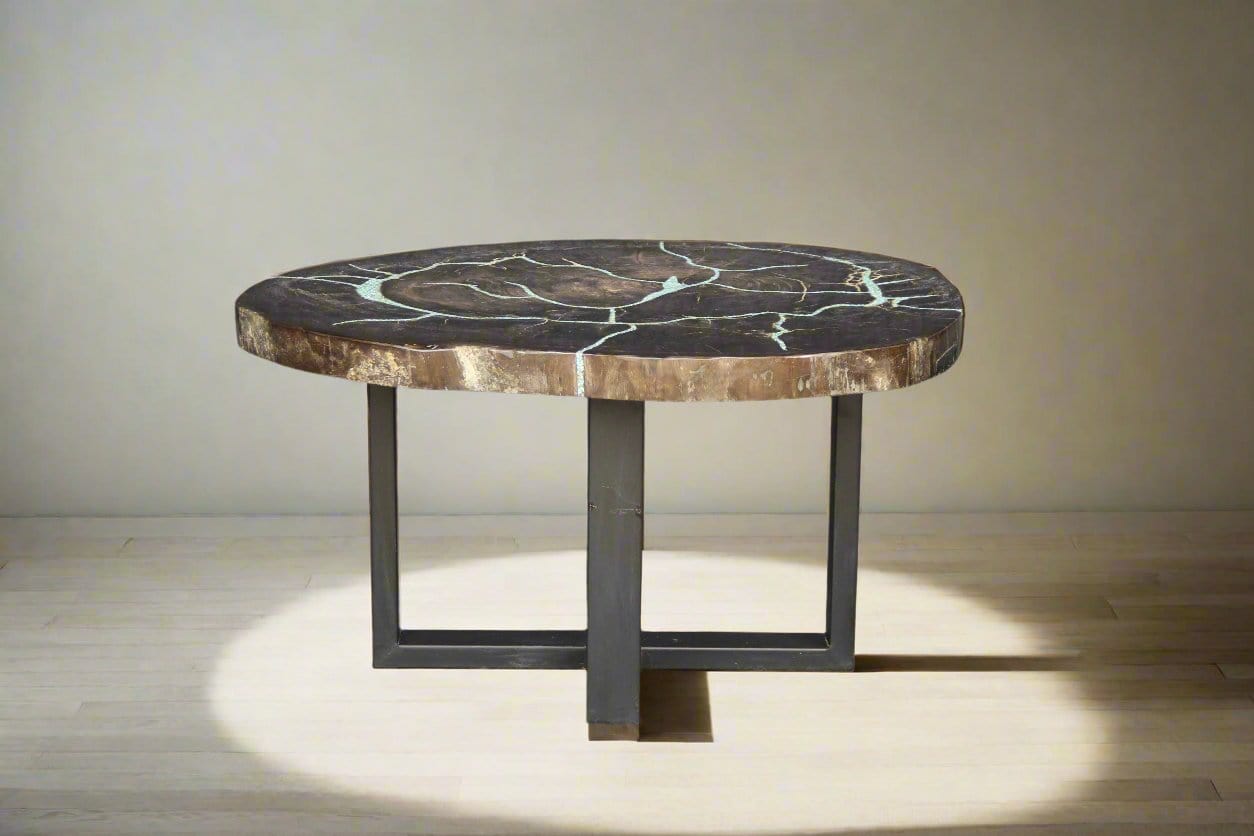 Kalifano Petrified Wood Petrified Wood Round Coffee Howlite Turquoise Inlayed Table 31" / 92 lbs PWTTQ3800.001