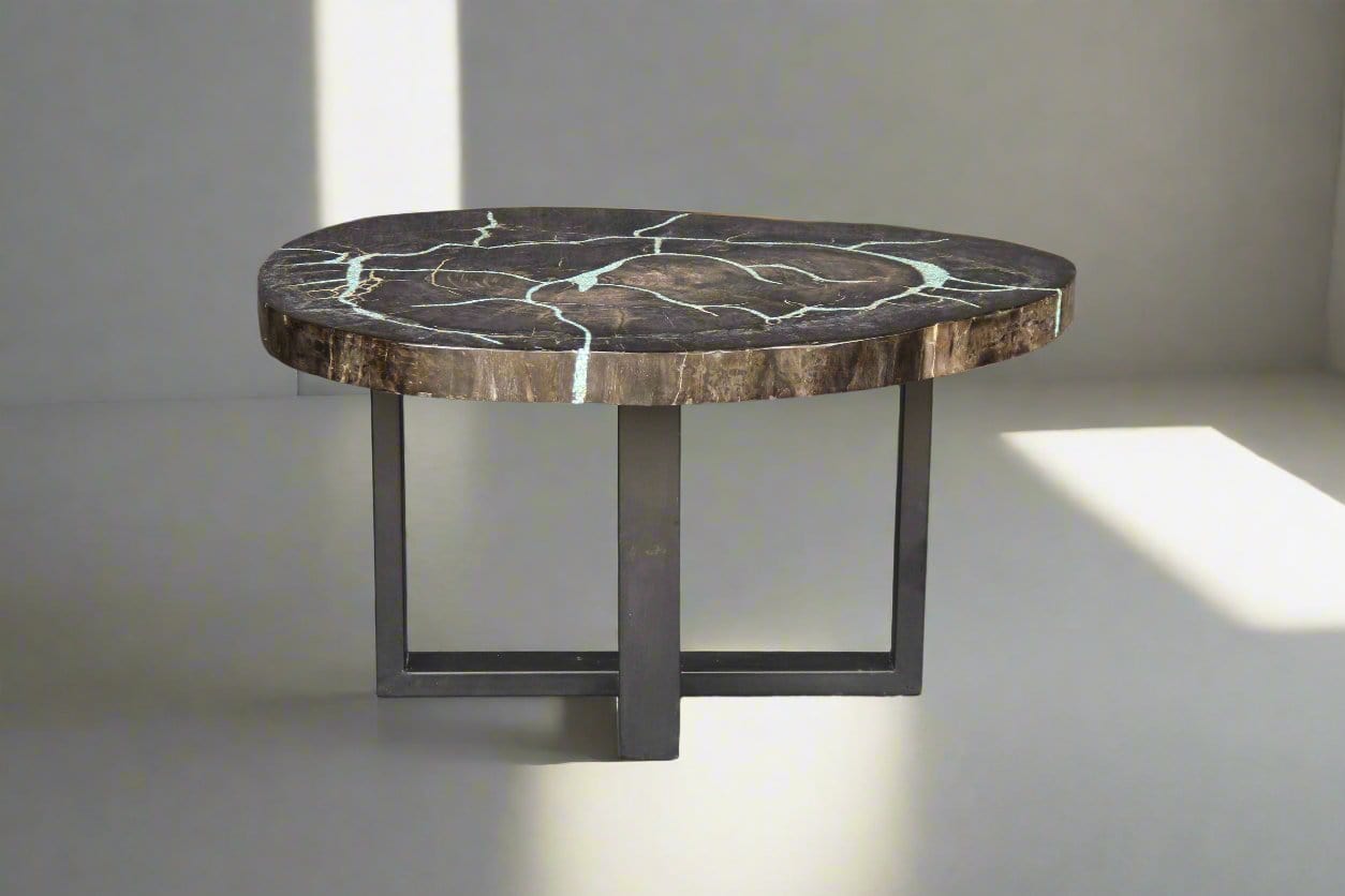Kalifano Petrified Wood Petrified Wood Round Coffee Howlite Turquoise Inlayed Table 31" / 92 lbs PWTTQ3800.001
