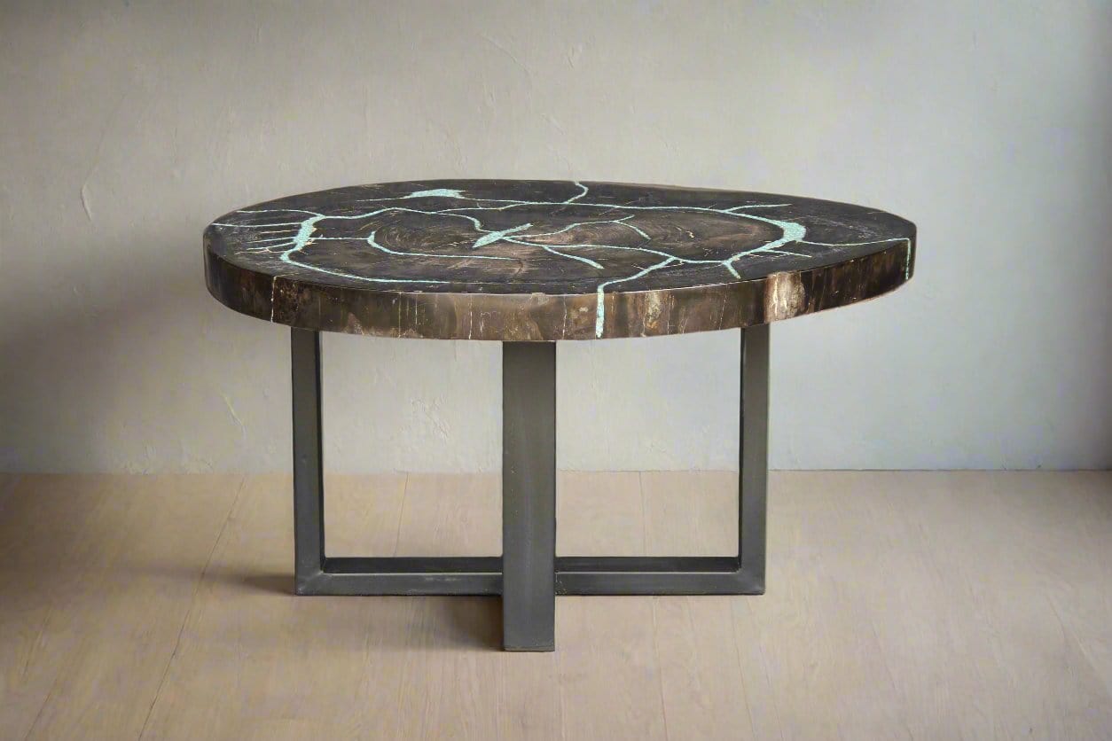 Kalifano Petrified Wood Petrified Wood Round Coffee Howlite Turquoise Inlayed Table 31" / 99 lbs PWTTQ4000.001