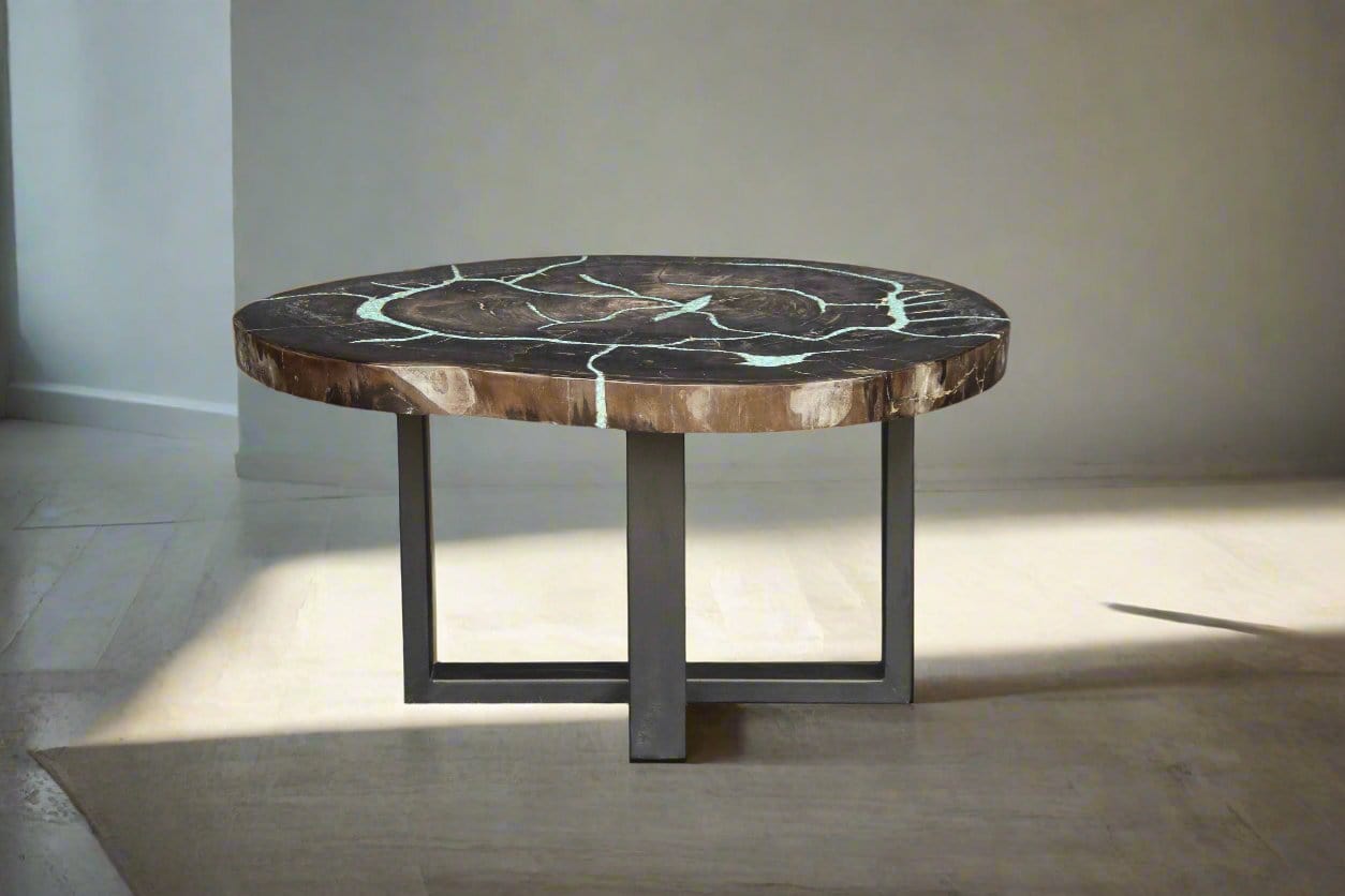 Kalifano Petrified Wood Petrified Wood Round Coffee Howlite Turquoise Inlayed Table 31" / 99 lbs PWTTQ4000.001