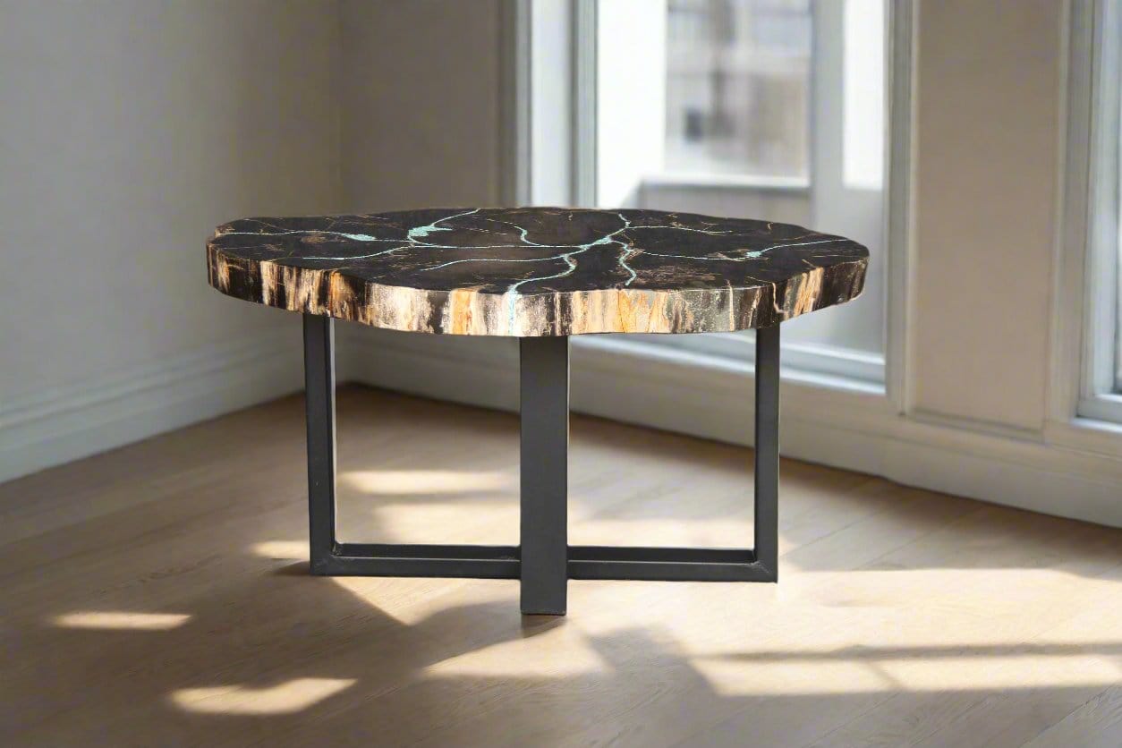 Kalifano Petrified Wood Petrified Wood Round Coffee Howlite Turquoise Inlayed Table 32" / 86 lbs PWTTQ3600.001
