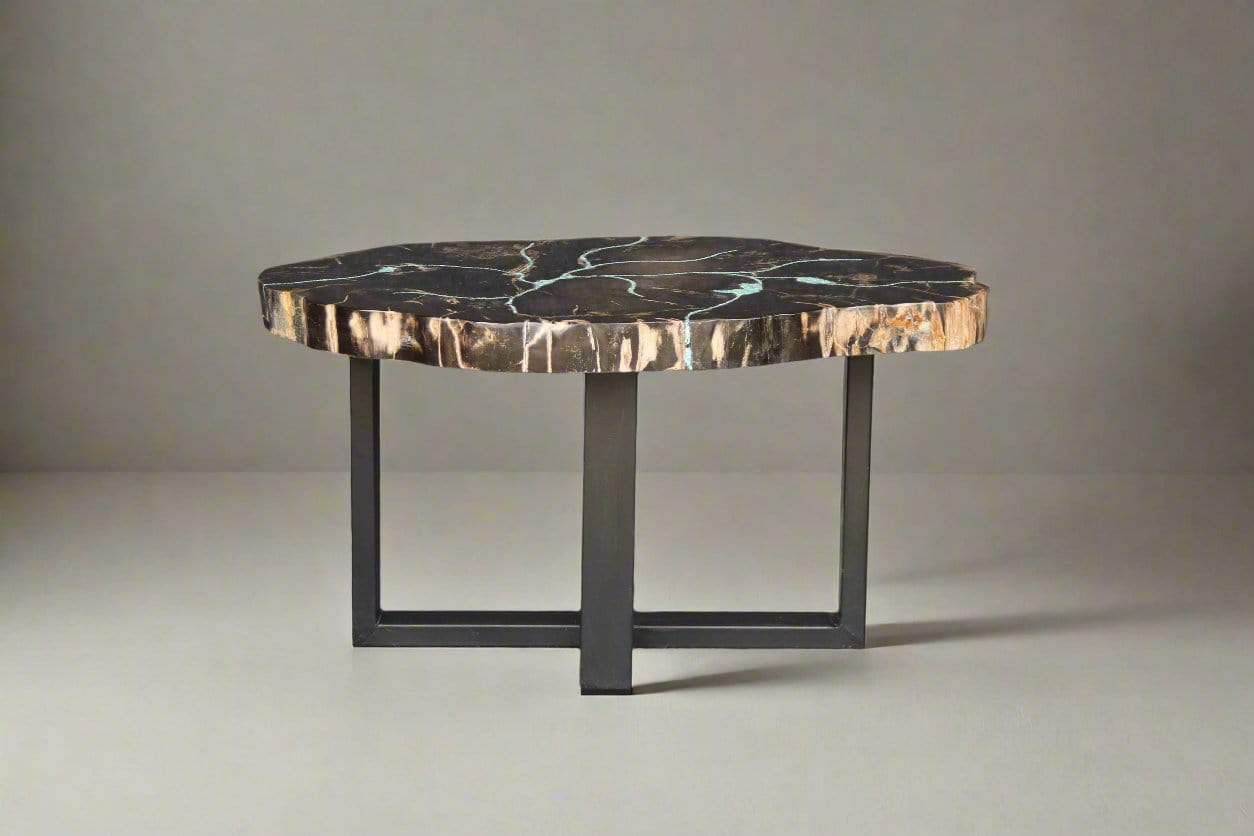 Kalifano Petrified Wood Petrified Wood Round Coffee Howlite Turquoise Inlayed Table 32" / 86 lbs PWTTQ3600.001