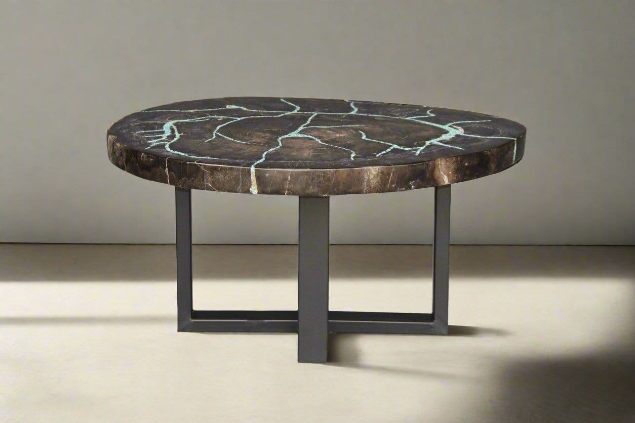 Kalifano Petrified Wood Petrified Wood Round Coffee Howlite Turquoise Inlayed Table 32" / 99 lbs PWTTQ4000.002