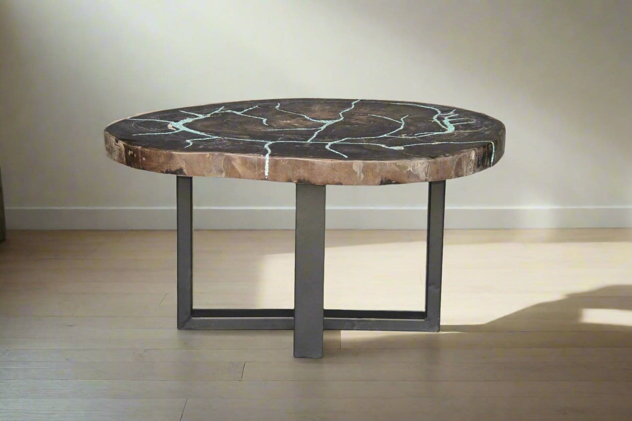 Kalifano Petrified Wood Petrified Wood Round Coffee Howlite Turquoise Inlayed Table 32" / 99 lbs PWTTQ4000.002
