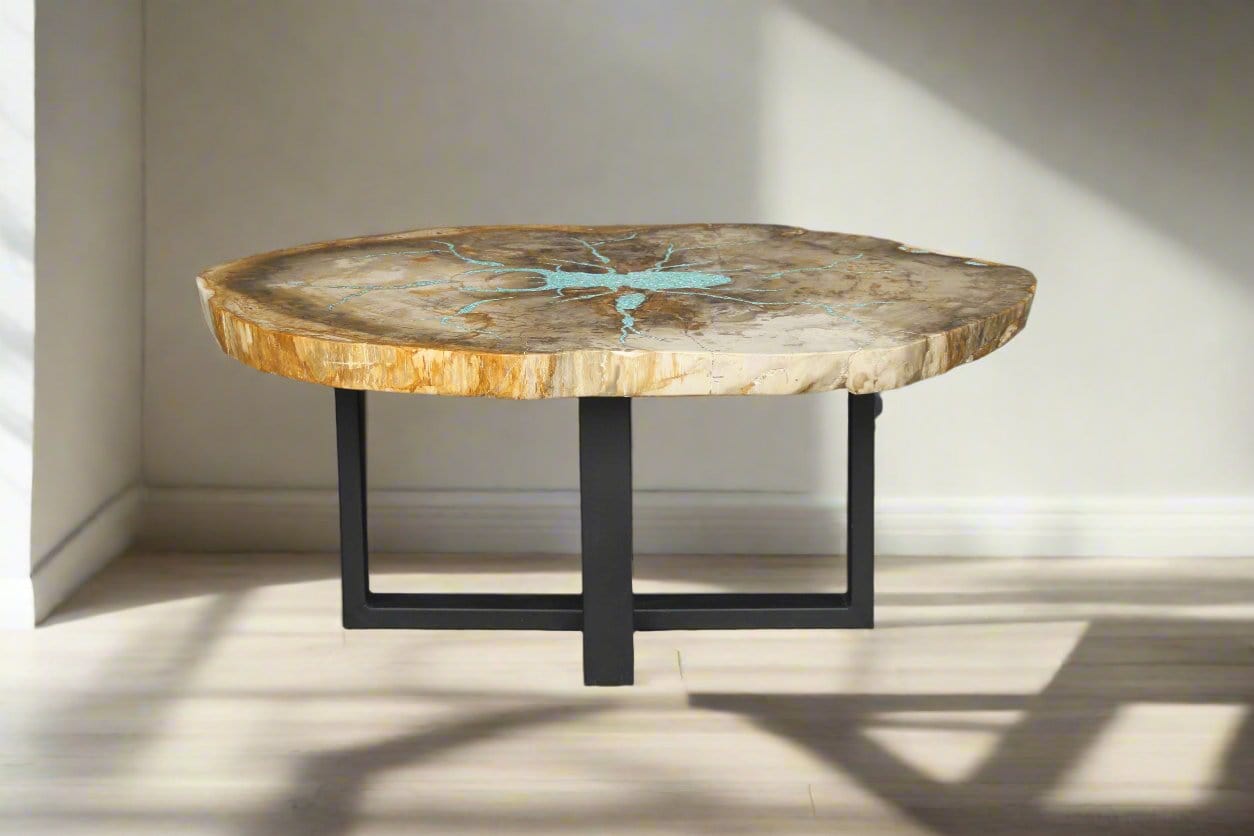 Kalifano Petrified Wood Petrified Wood Round Coffee Howlite Turquoise Inlayed Table 39" / 169 lbs PWTTQ7000.001