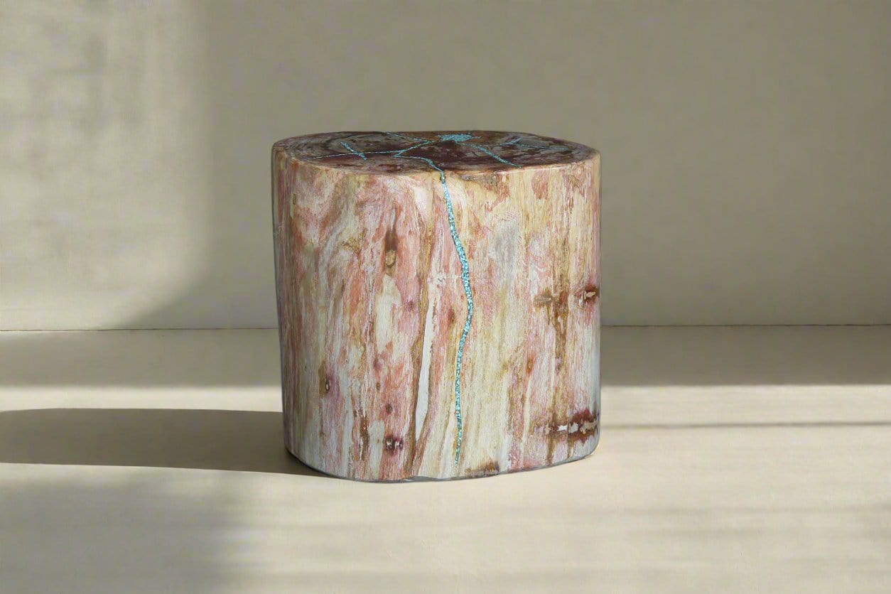 Kalifano Petrified Wood Petrified Wood Round Stump Howlite Turquoise Inlayed 17" / 216 lbs PWSTQ4400.001