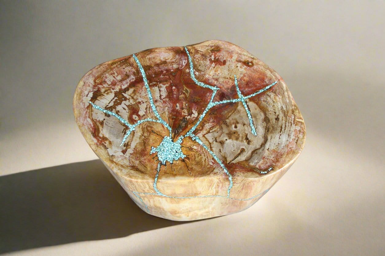 Kalifano Petrified Wood Petrified Wood Round Stump Howlite Turquoise Inlayed 17" / 216 lbs PWSTQ4400.001