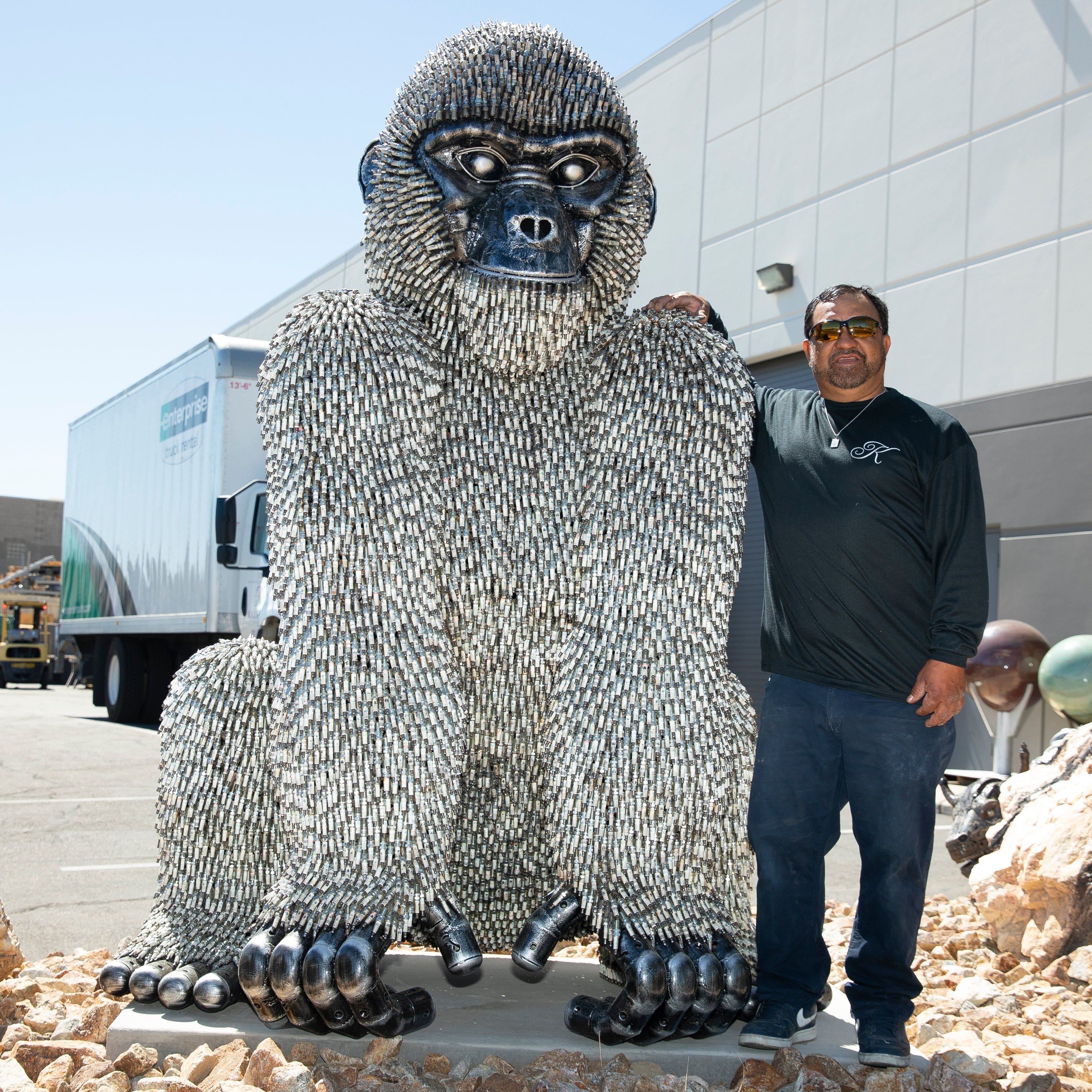 Kalifano Recycled Metal Art 86" Seated Spark Plug (24,000+)  KingKong Gorilla Inspired Recycled Metal Sculpture RMS-KSIT-P