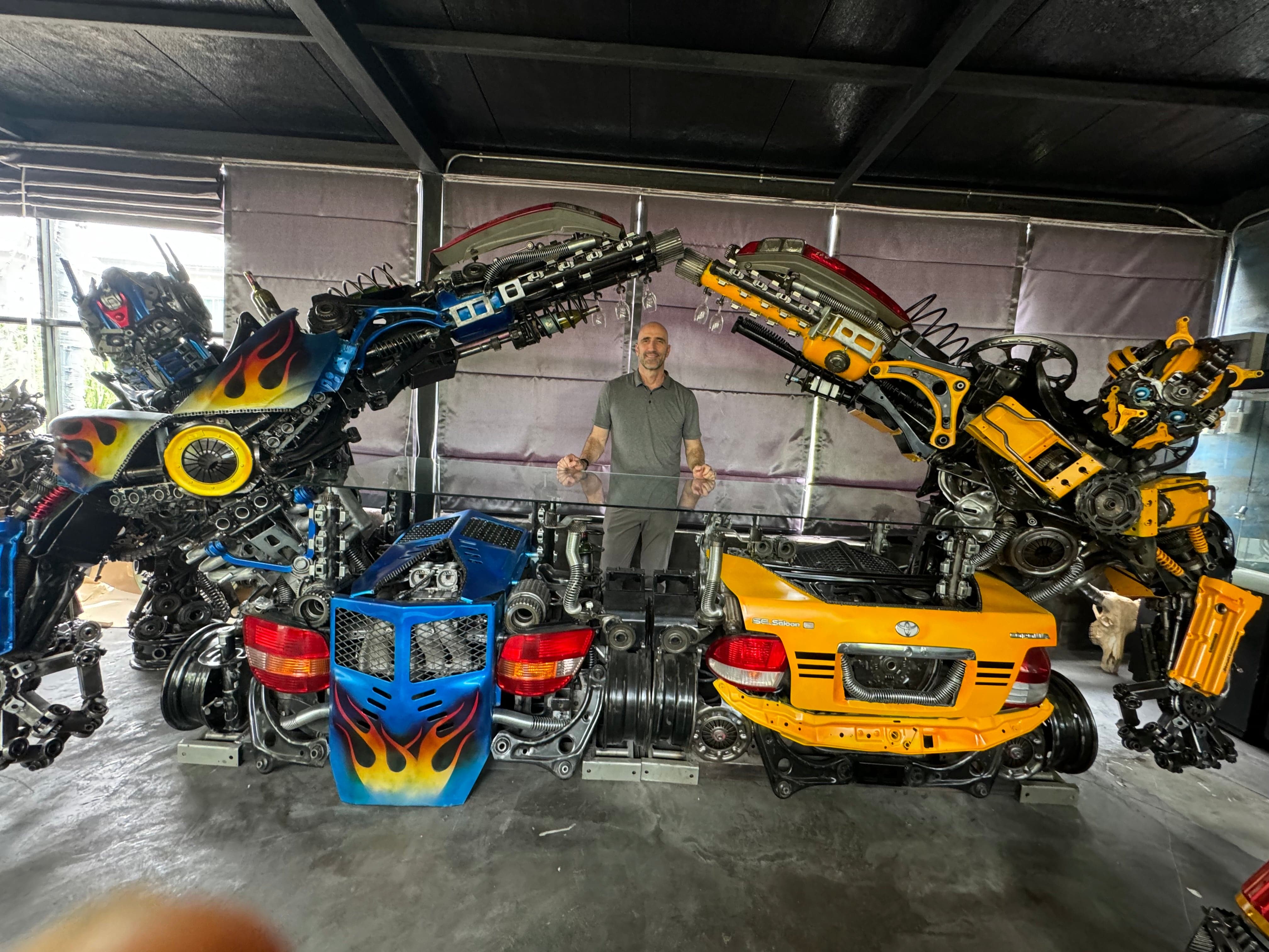 Kalifano Recycled Metal Art Bumblebee & Optimus Prime Inspired Bar Table Recycled Metal Art Sculpture RMS-BAROPBB-S