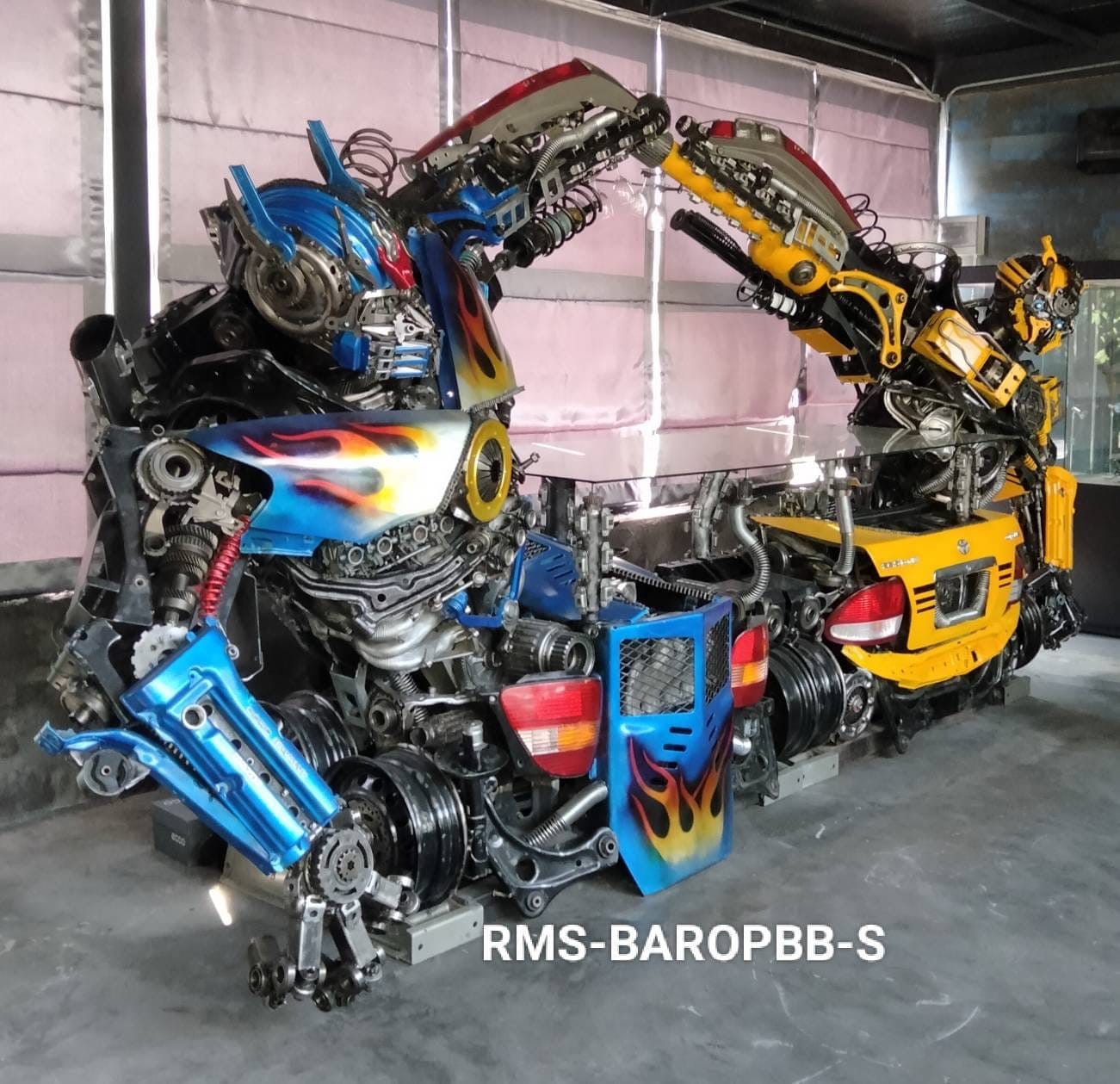 Kalifano Recycled Metal Art Bumblebee & Optimus Prime Inspired Bar Table Recycled Metal Art Sculpture RMS-BAROPBB-S