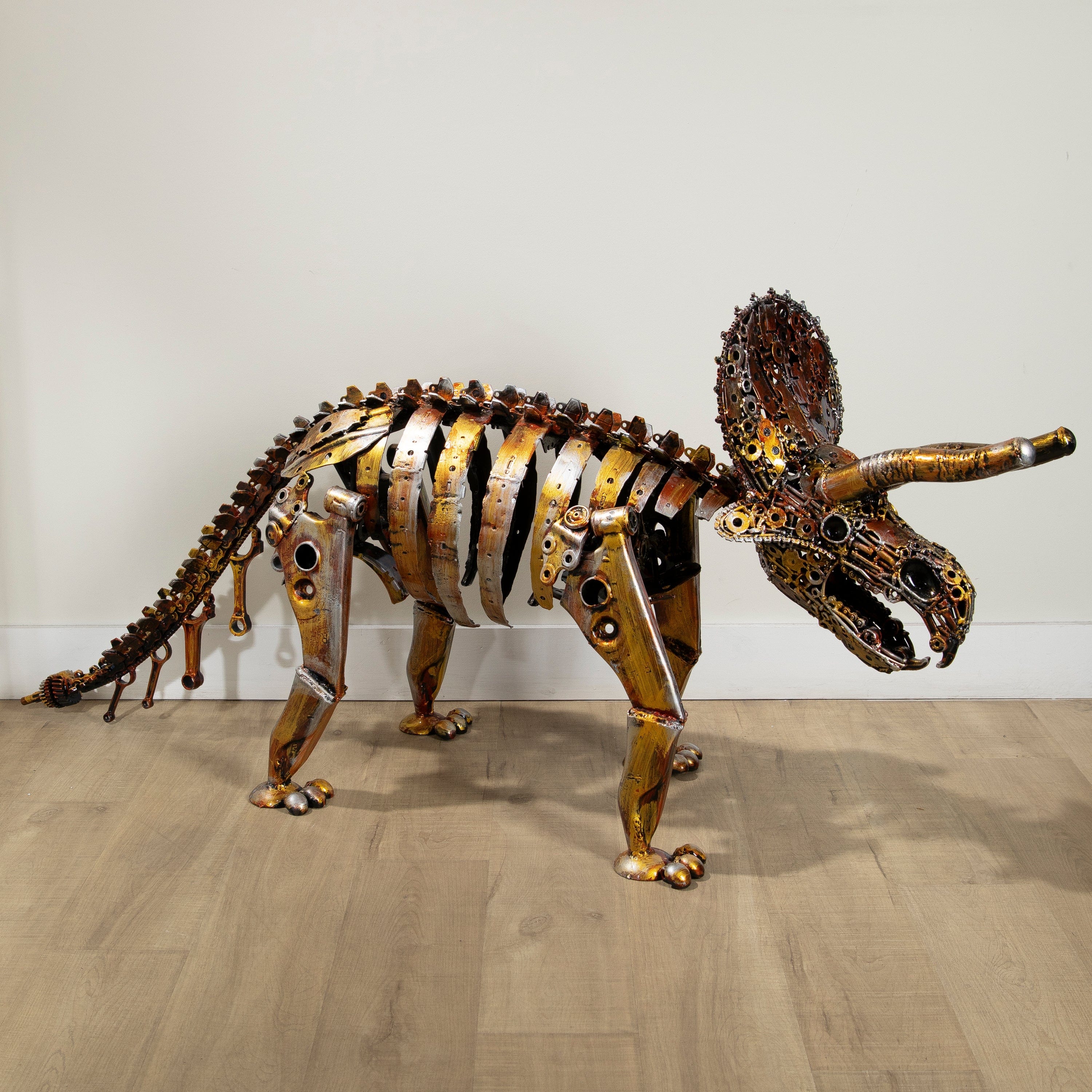 Kalifano Recycled Metal Art Gold Triceratops Skeleton Inspired Recycled Metal Sculpture RMS-TRIG80X165-P