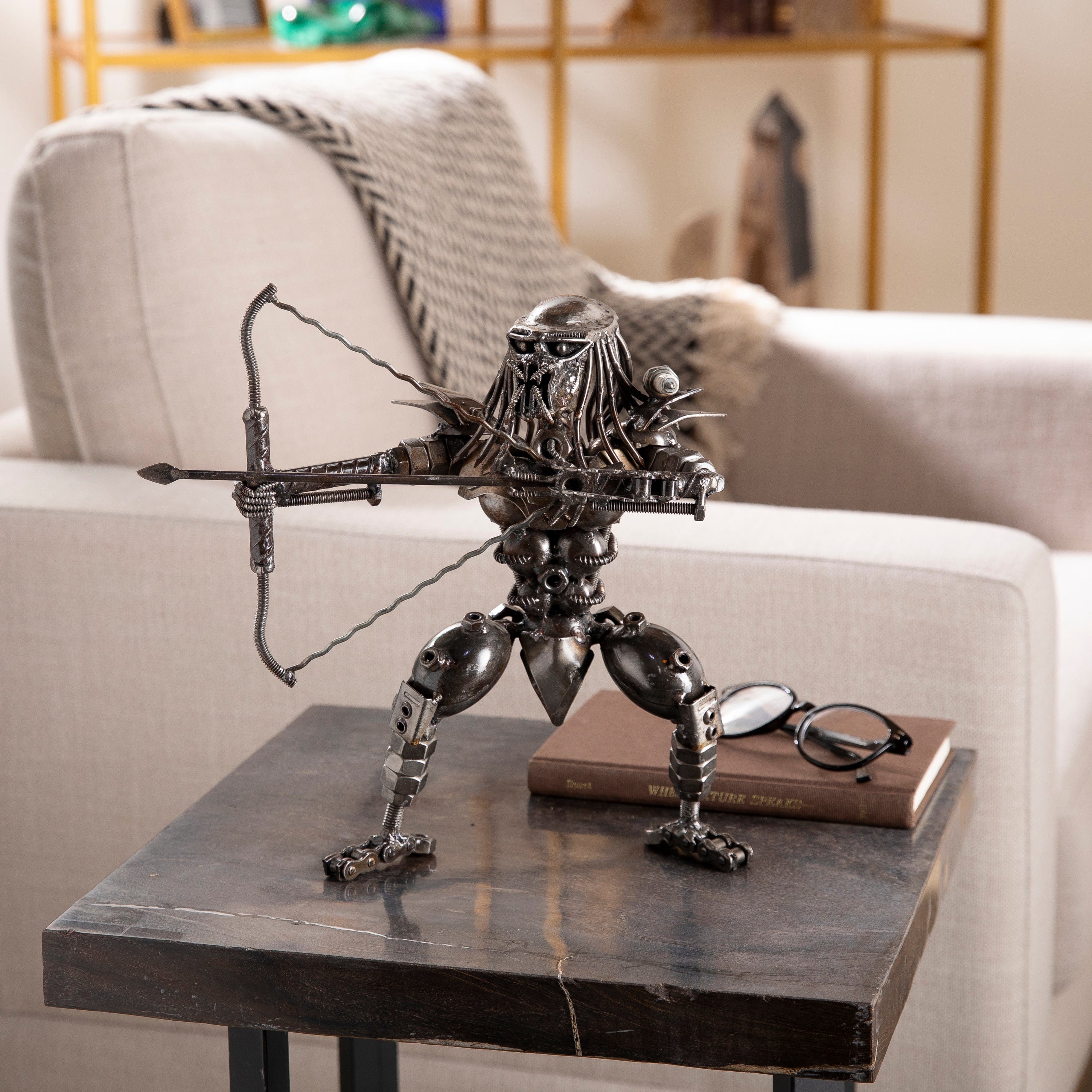 KALIFANO Recycled Metal Art Predator with Bow and Arrow Inspired Recycled Metal Sculpture RMS-700PA-N