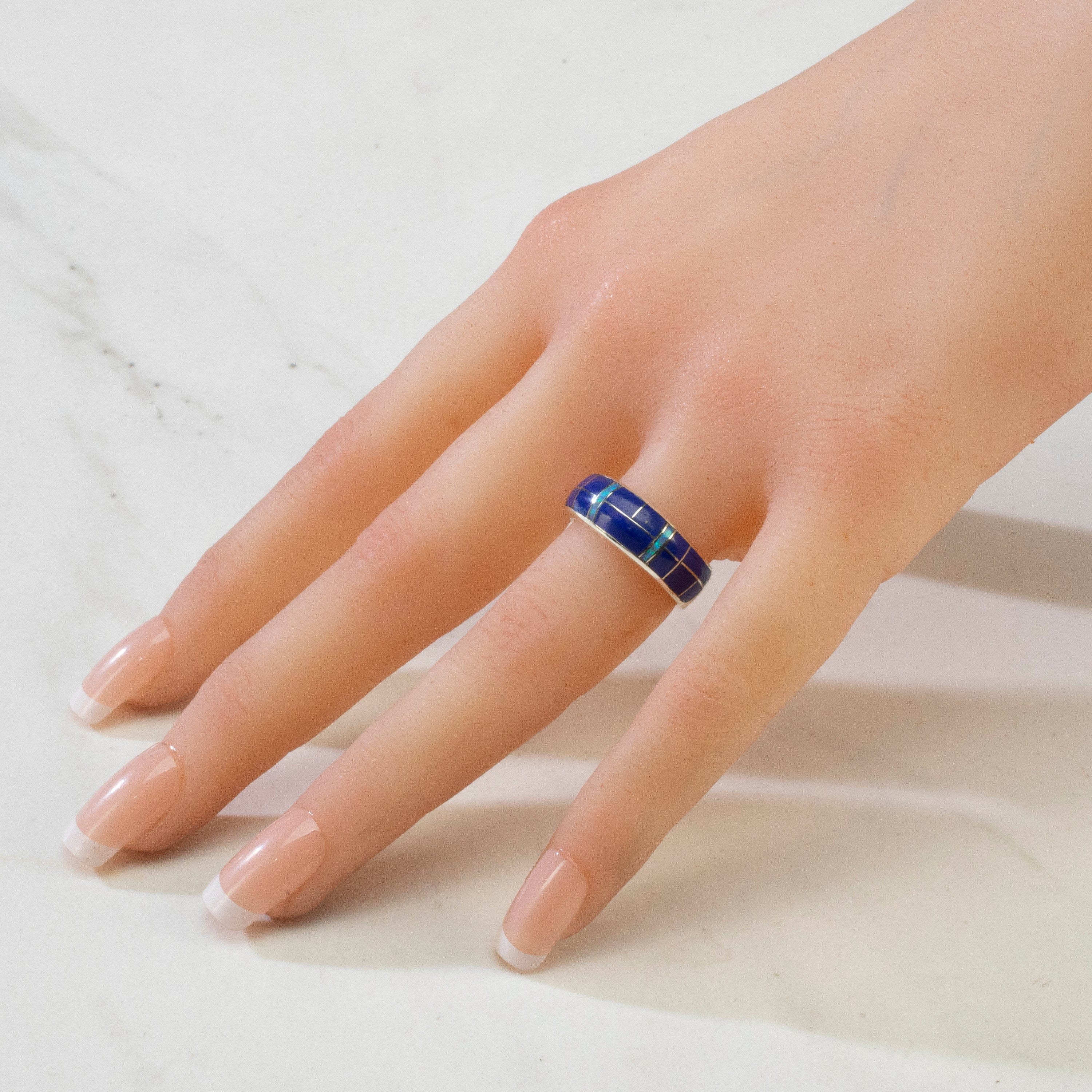 Kalifano Southwest Silver Jewelry Lapis 925 Sterling Silver Ring USA Handmade with Laboratory Opal Accent