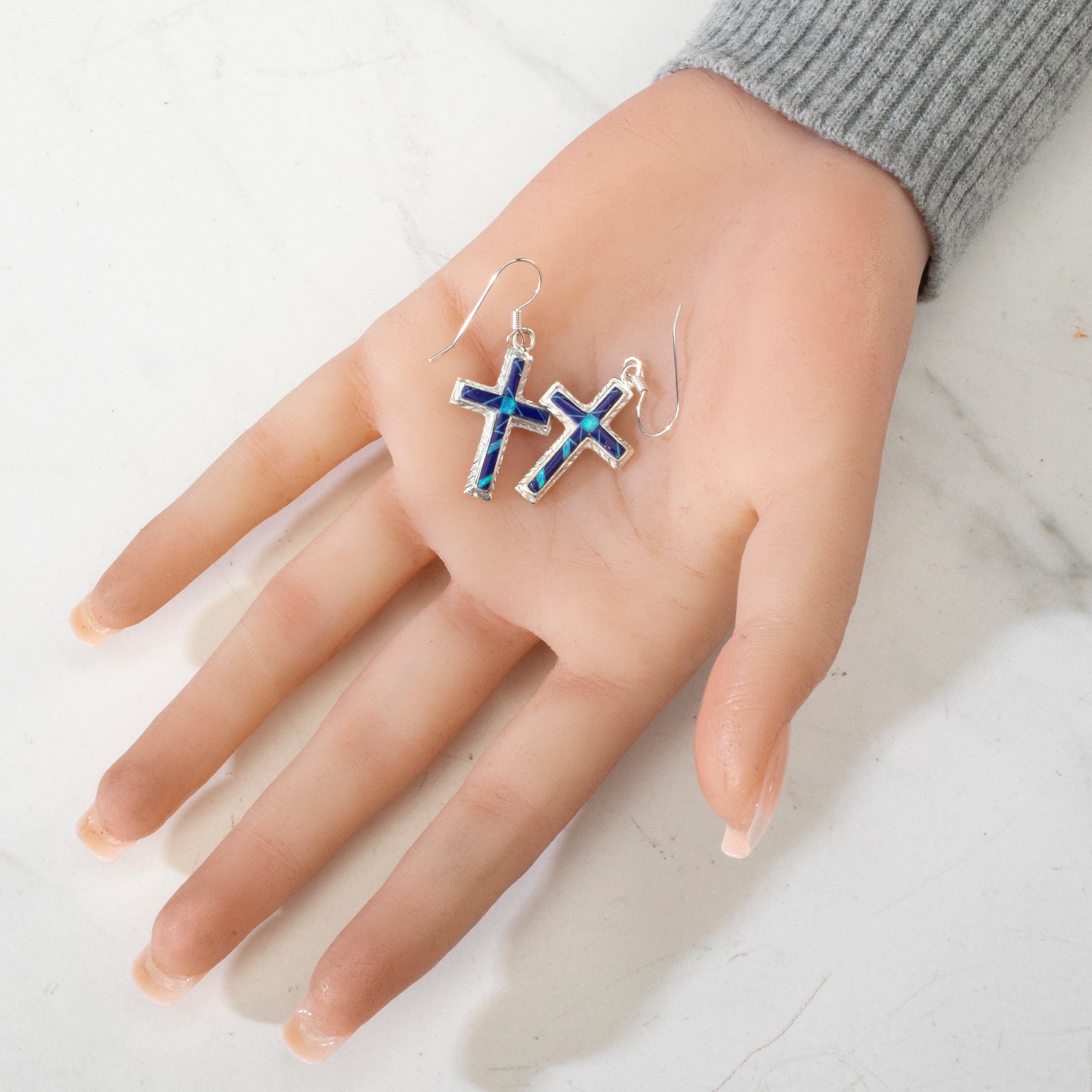 Kalifano Southwest Silver Jewelry Lapis Cross USA Handmade 925 Sterling Silver Earrings with Blue Opal Accent & French Hook Backing NME.2054.LP