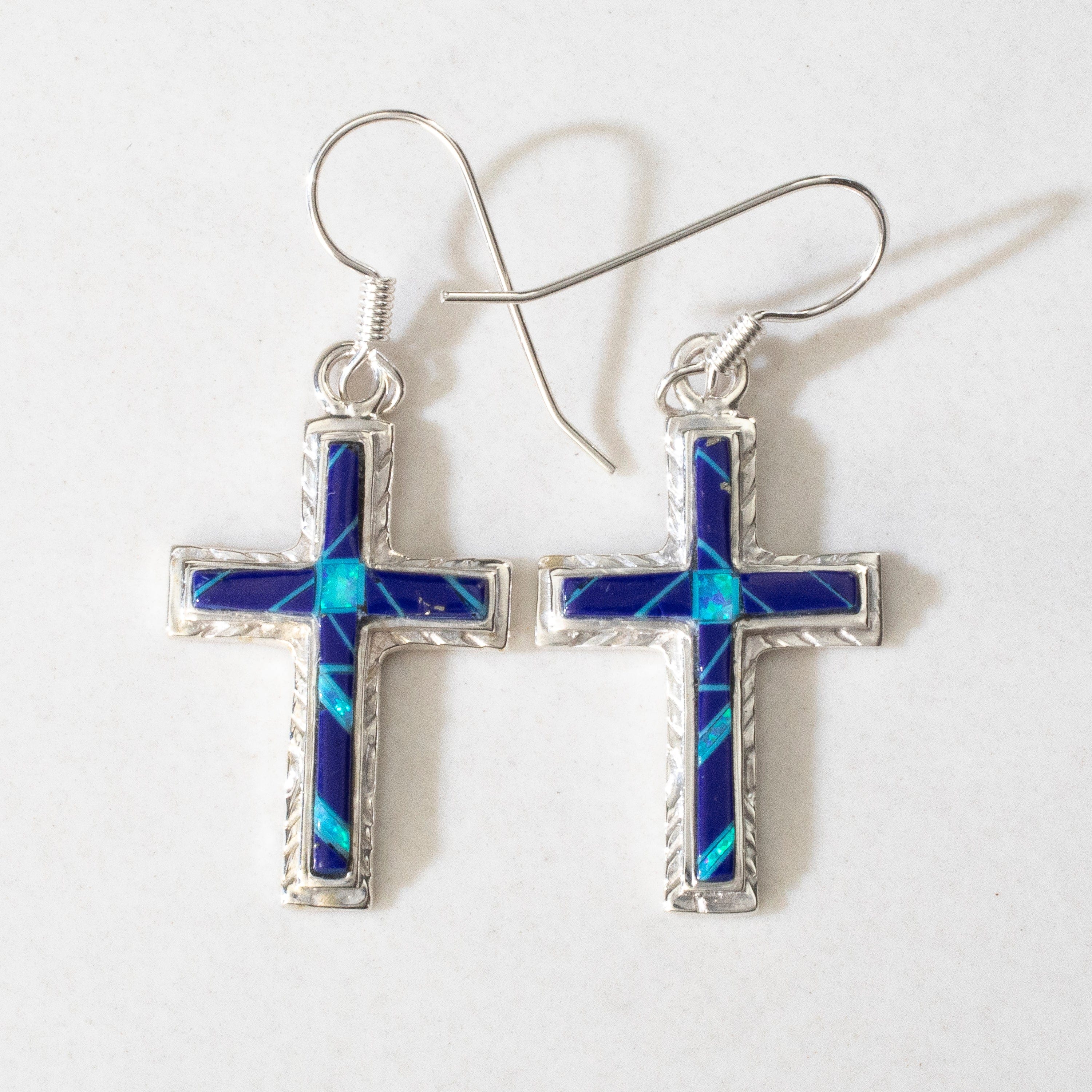 Kalifano Southwest Silver Jewelry Lapis Cross USA Handmade 925 Sterling Silver Earrings with Blue Opal Accent & French Hook Backing NME.2054.LP