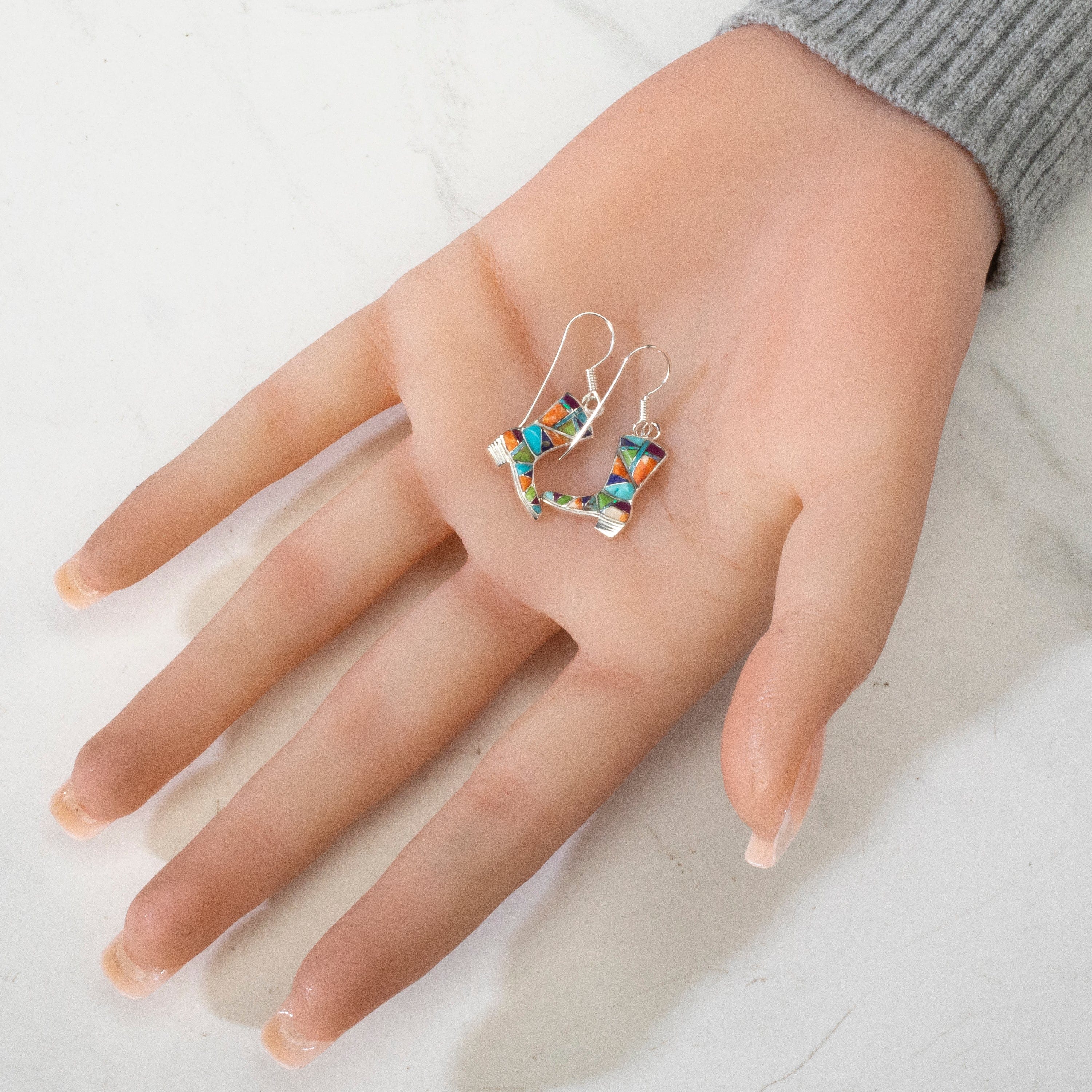 Kalifano Southwest Silver Jewelry Multi Gem Boot USA Handmade 925 Sterling Silver Earrings with Opal Accent & French Hook Backing NME.2297.MT