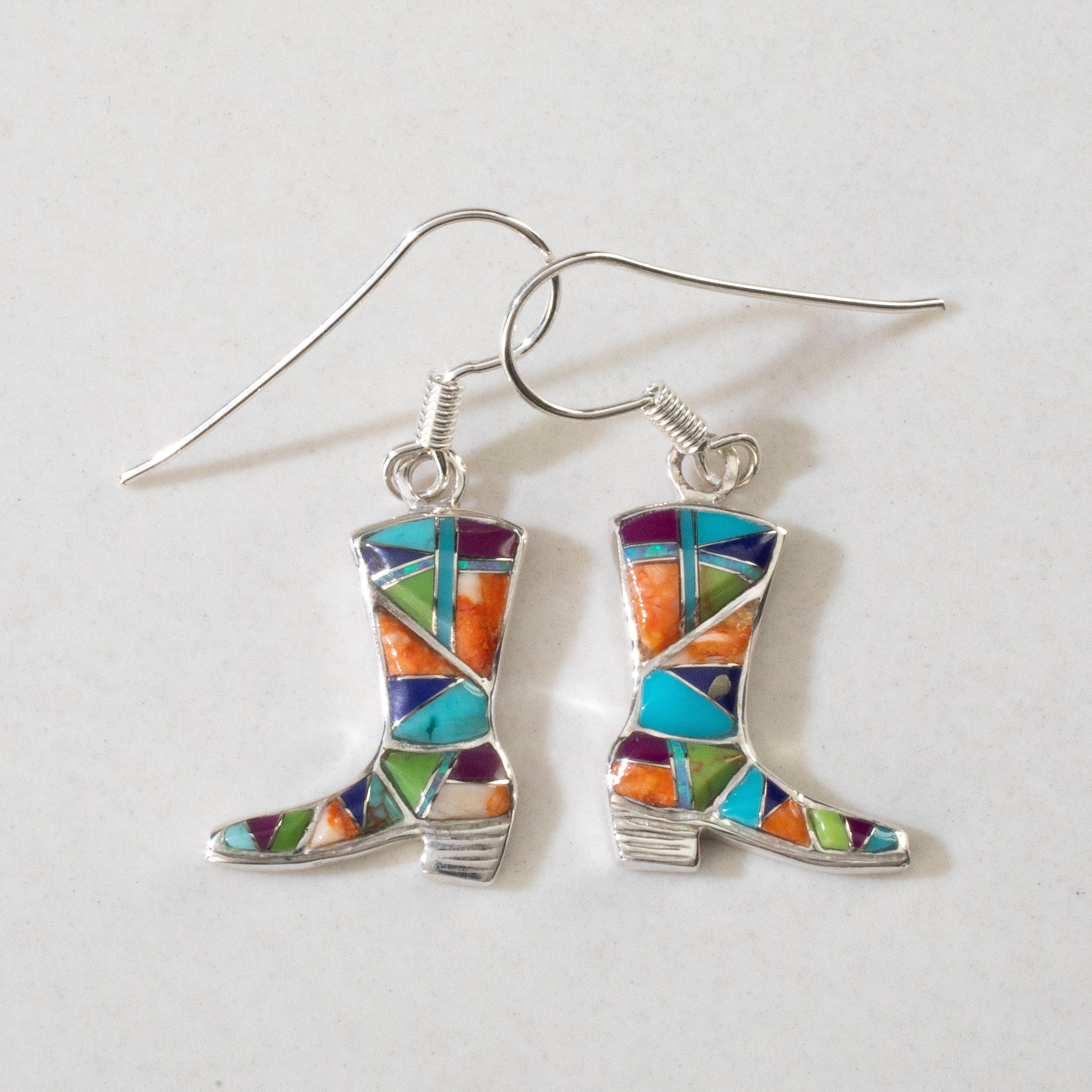 Kalifano Southwest Silver Jewelry Multi Gem Boot USA Handmade 925 Sterling Silver Earrings with Opal Accent & French Hook Backing NME.2297.MT