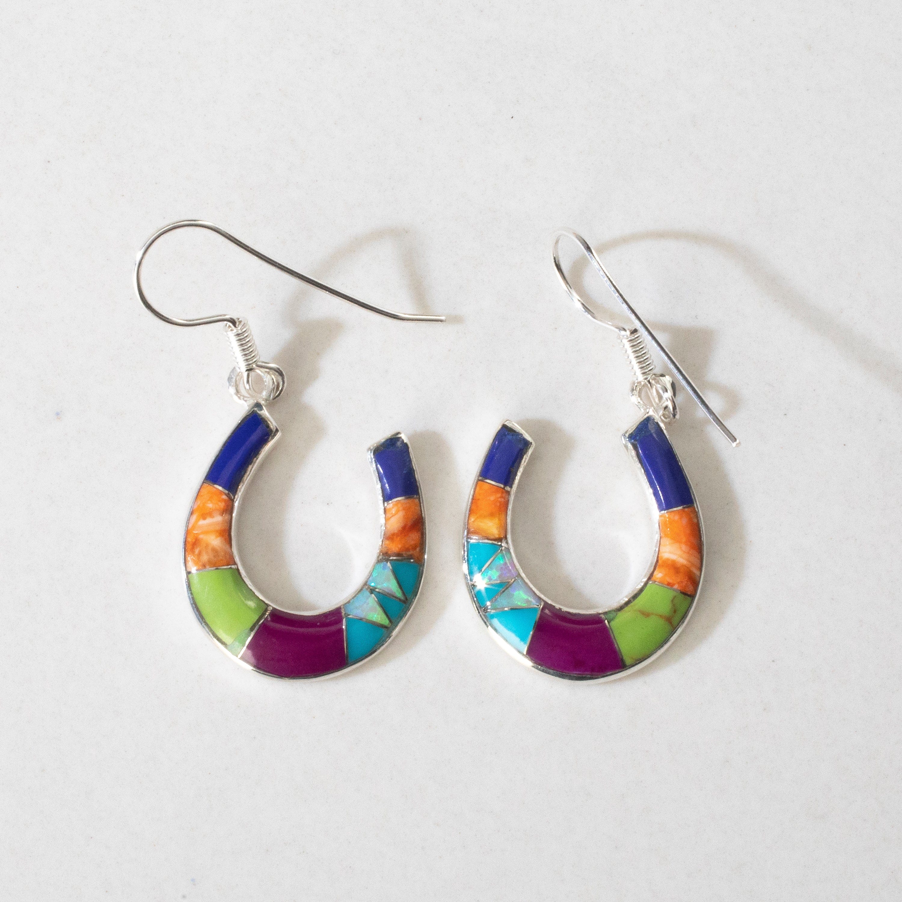 Kalifano Southwest Silver Jewelry Multi Gem Horseshoe USA Handmade 925 Sterling Silver Earrings with Opal Accent & French Hook Backing NME.2339.MT