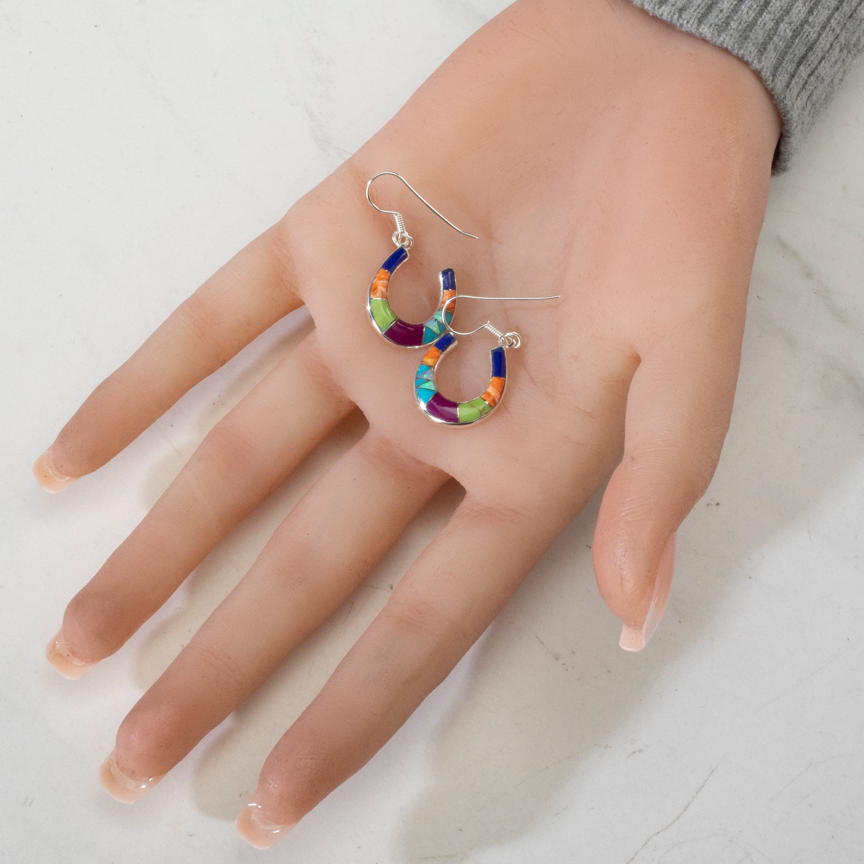Kalifano Southwest Silver Jewelry Multi Gem Horseshoe USA Handmade 925 Sterling Silver Earrings with Opal Accent & French Hook Backing NME.2339.MT