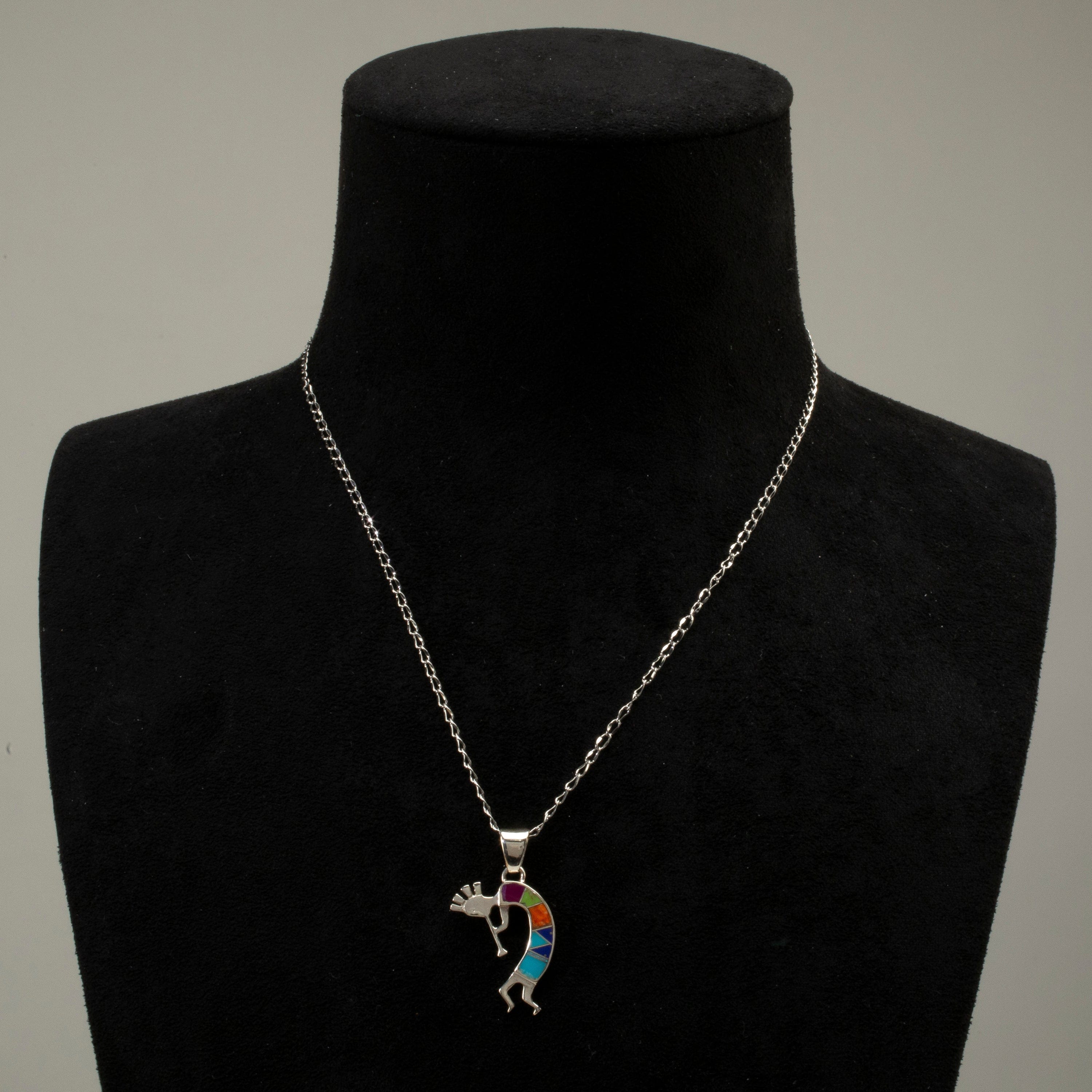 Kalifano Southwest Silver Jewelry Multi Gem Kokopelli USA Handmade 925 Sterling Silver Pendant with Opal Accent NMN.0607.MT