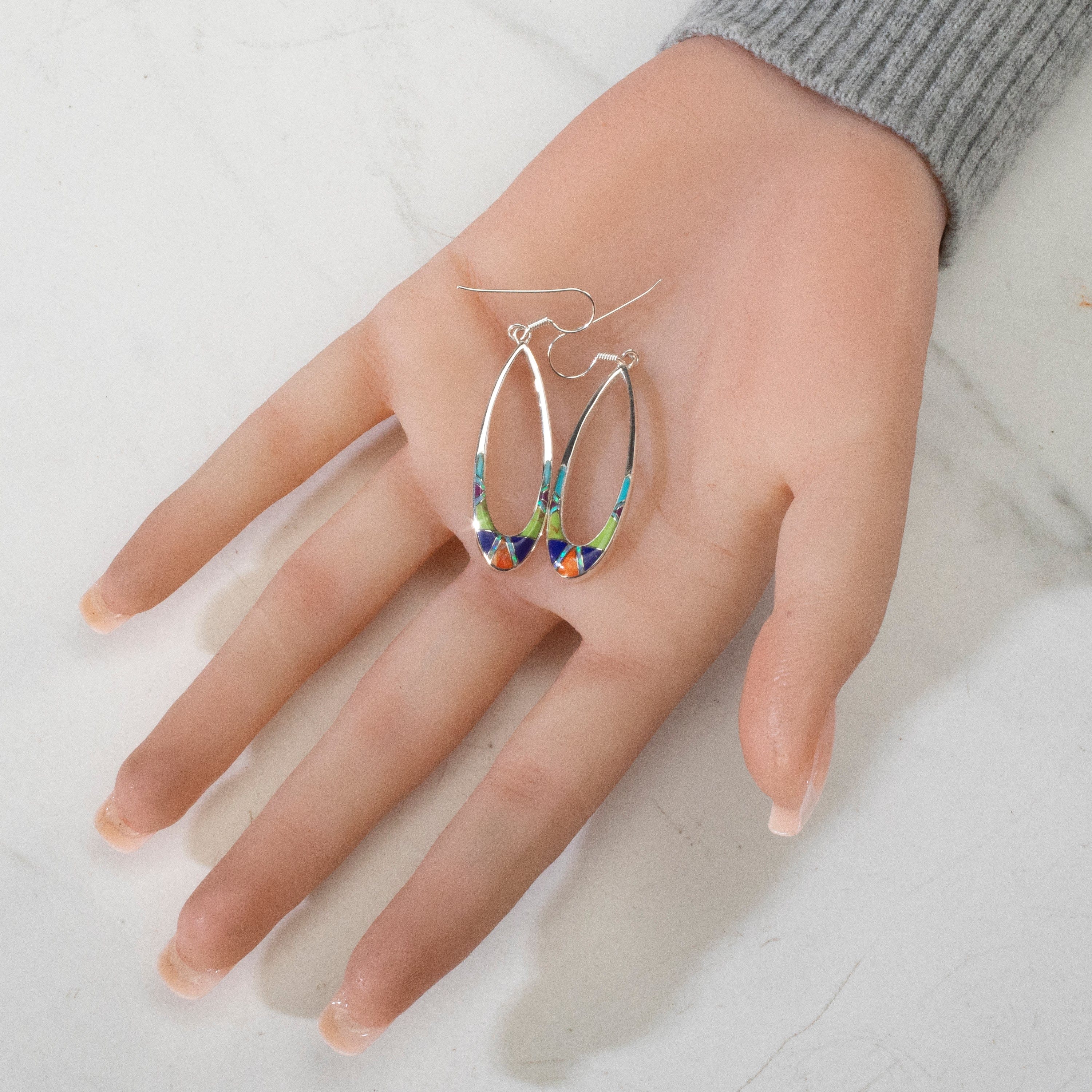 Kalifano Southwest Silver Jewelry Multi Gem Oval Hoop USA Handmade 925 Sterling Silver Earrings with Opal Accent & French Hook Backing NME.2300.MT
