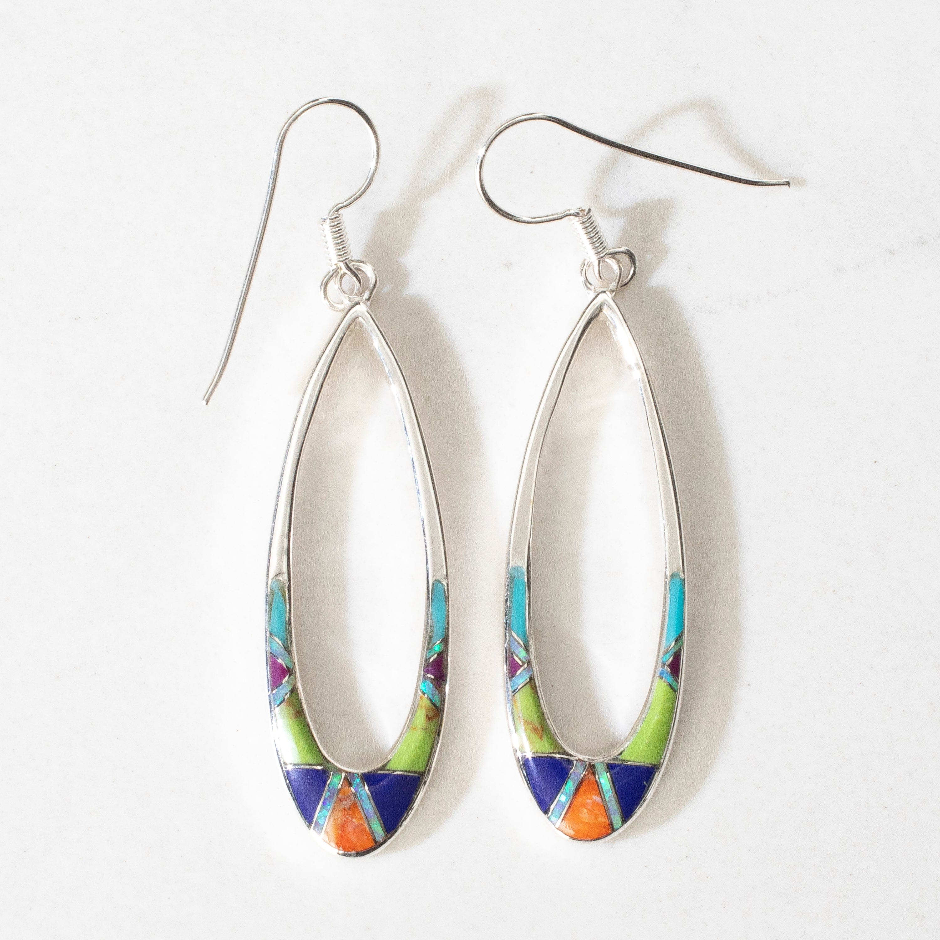Kalifano Southwest Silver Jewelry Multi Gem Oval Hoop USA Handmade 925 Sterling Silver Earrings with Opal Accent & French Hook Backing NME.2300.MT
