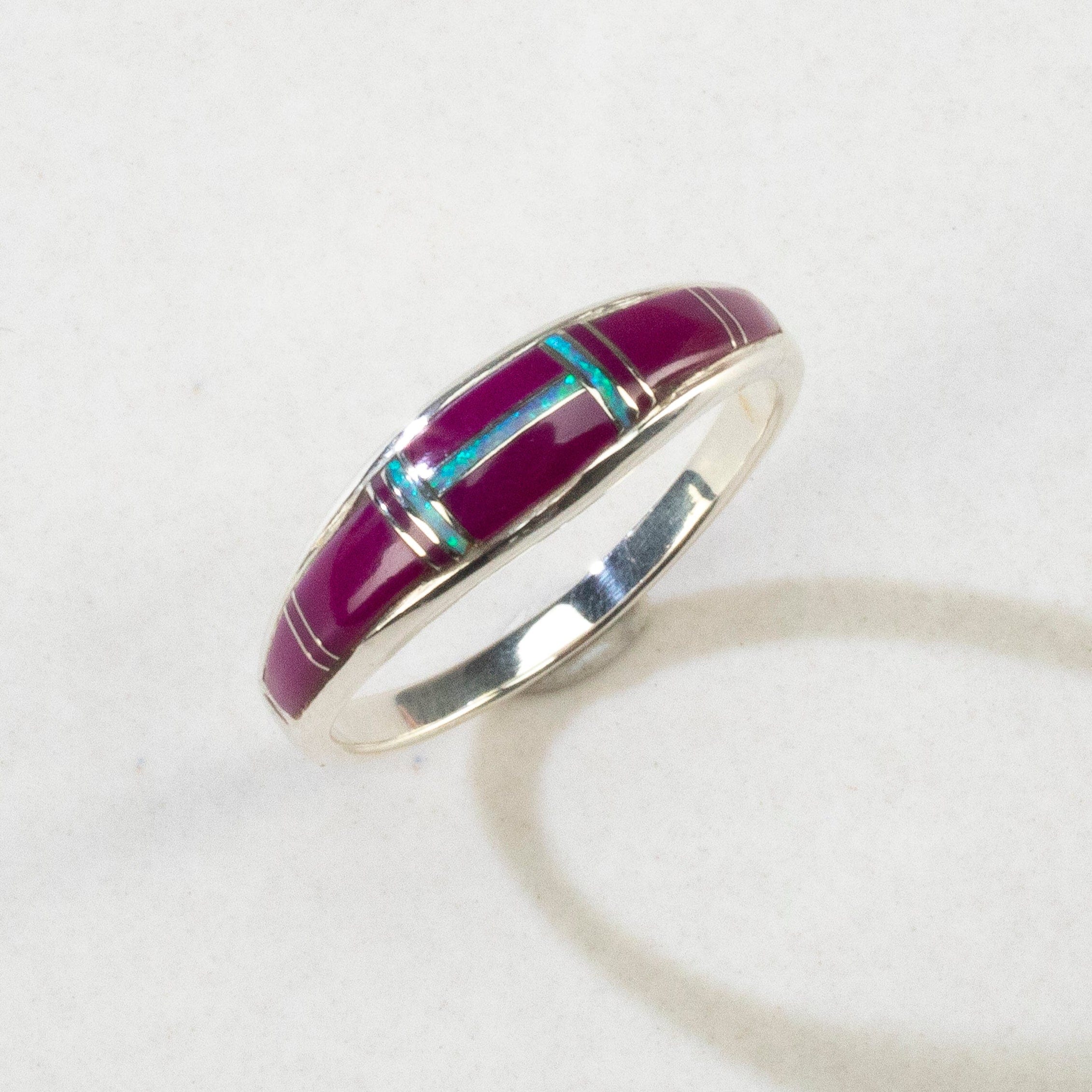 Kalifano Southwest Silver Jewelry Sugilite 925 Sterling Silver Ring USA Handmade with Laboratory Opal Accent