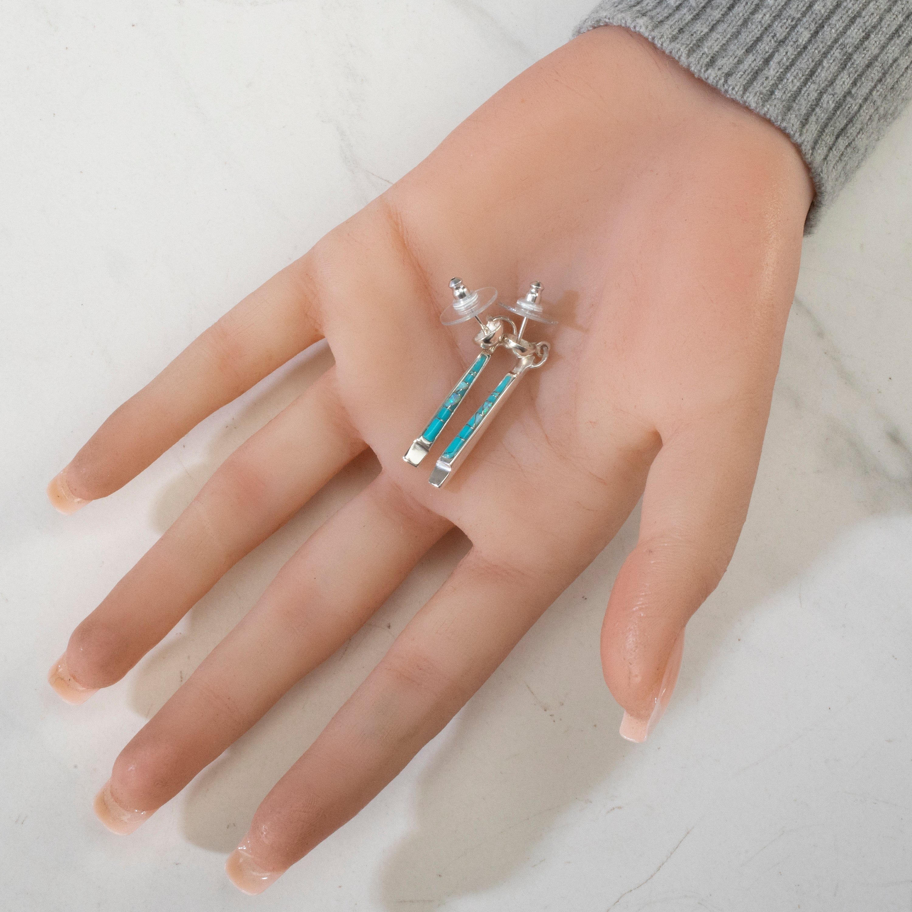 Kalifano Southwest Silver Jewelry Turquoise Dangle USA Handmade 925 Sterling Silver Earrings with Opal Accent & Stud Backing NME.0456.TQ