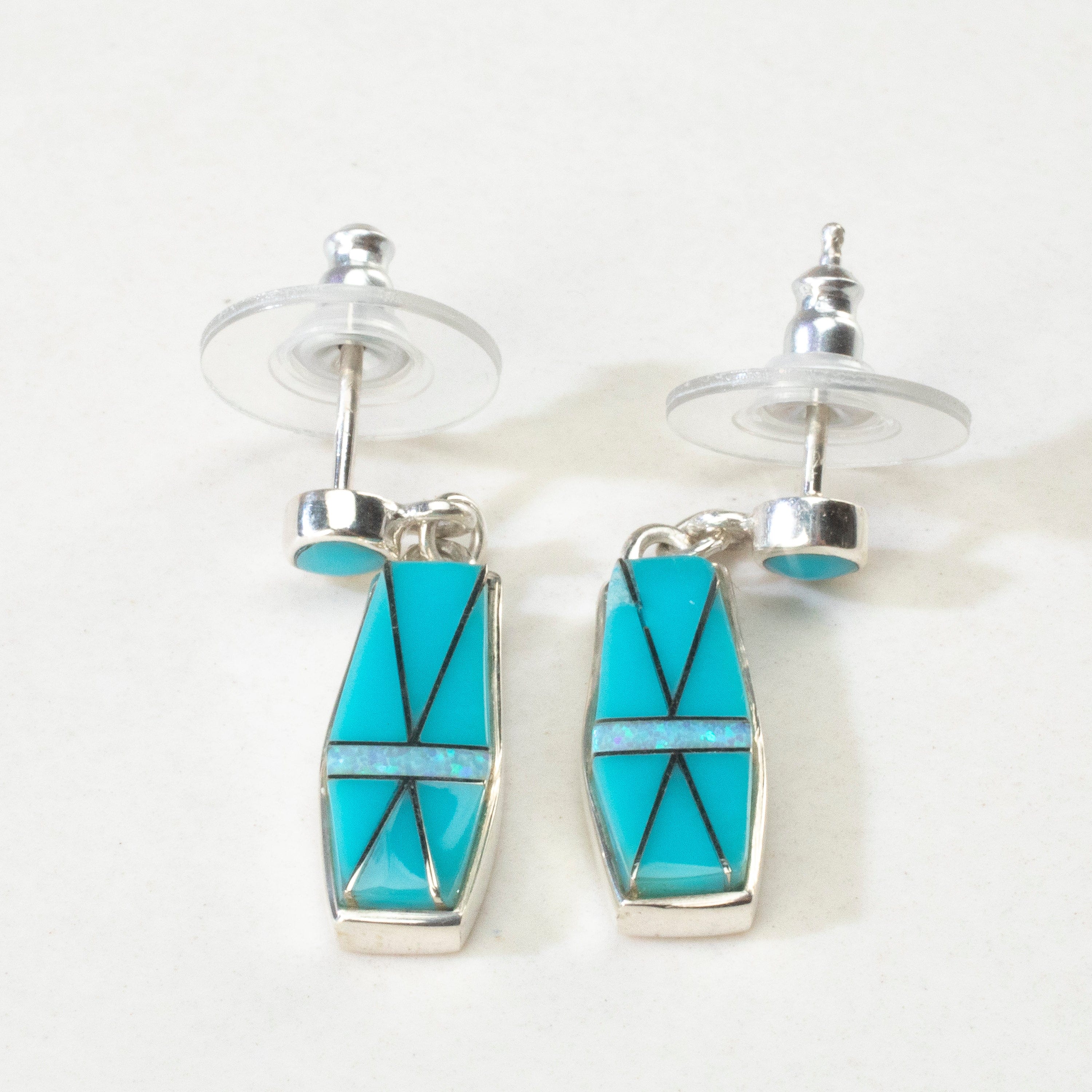 Kalifano Southwest Silver Jewelry Turquoise Hexagon USA Handmade 925 Sterling Silver Earrings with Opal Accent & Stud Backing NME.0812.TQ
