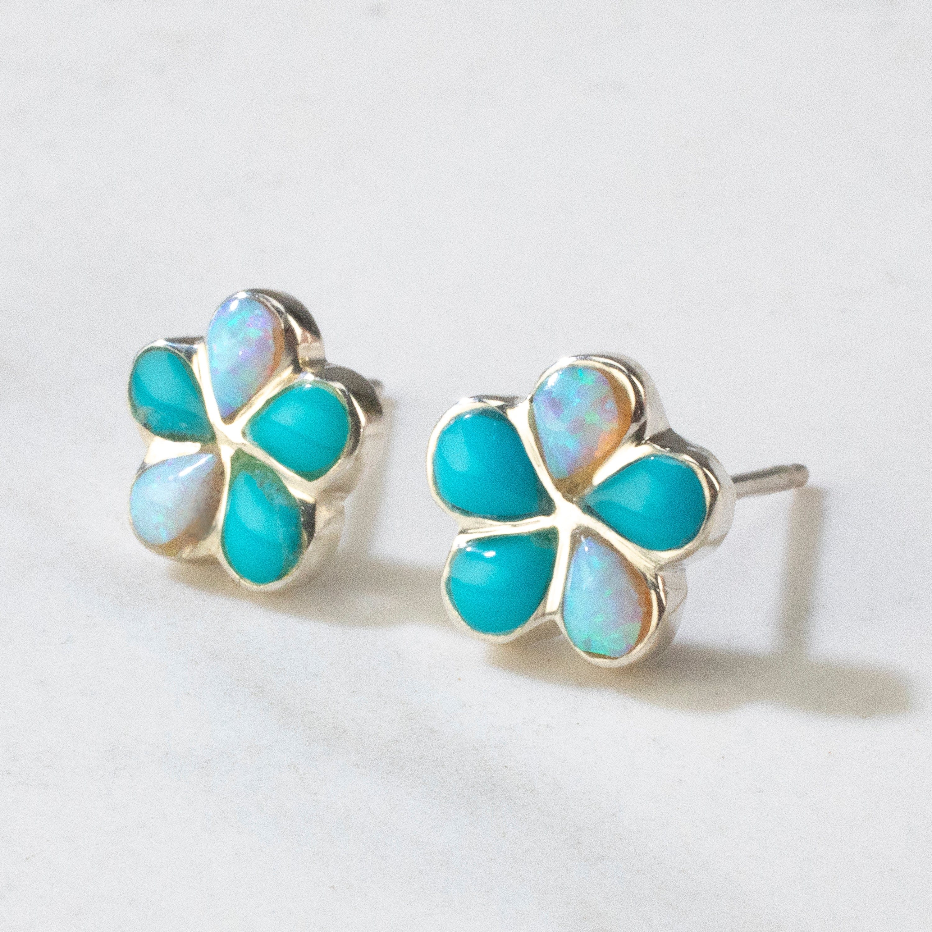 Kalifano Southwest Silver Jewelry Turquoise & Opal Flower USA Handmade 925 Sterling Silver Earring with Stud Backing NME.2239.TQ