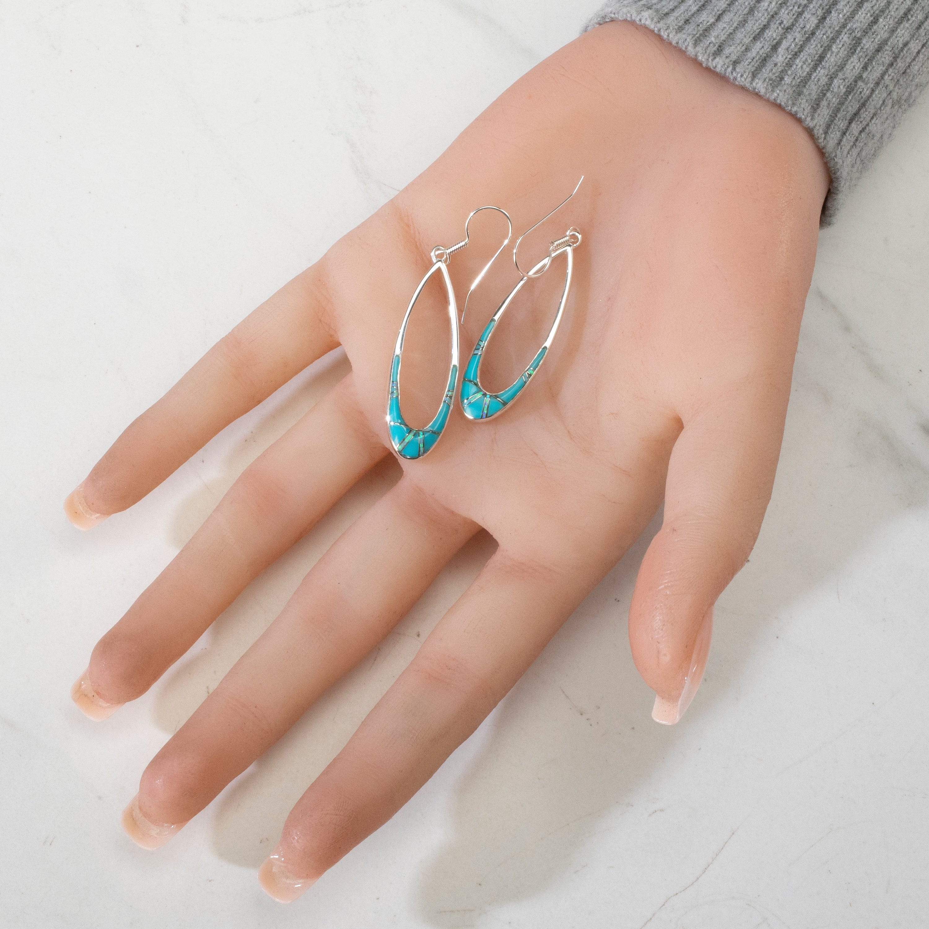 Kalifano Southwest Silver Jewelry Turquoise Oval Hoop USA Handmade 925 Sterling Silver Earrings with Opal Accent & French Hook Backing NME.2300.TQ