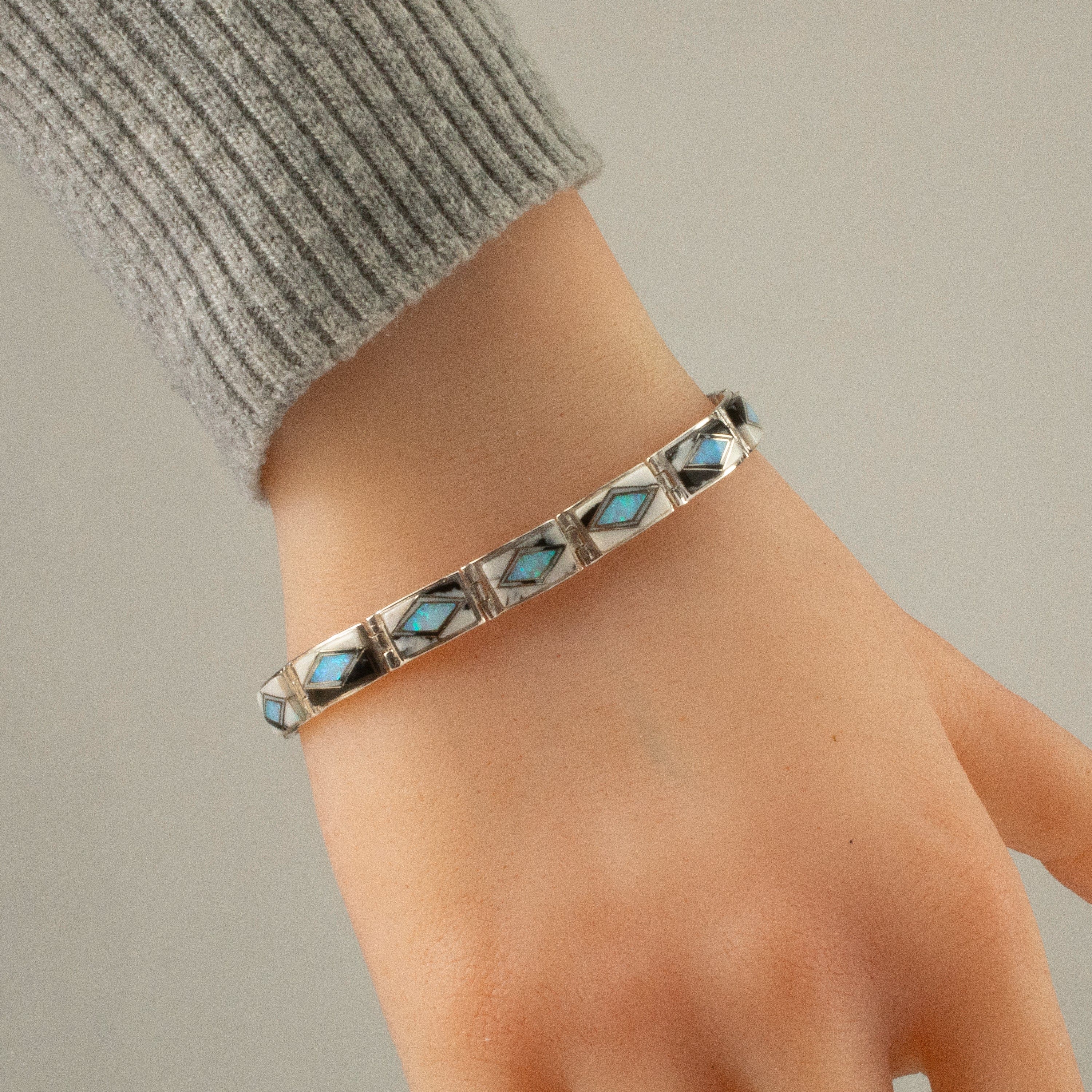 Kalifano Southwest Silver Jewelry White Buffalo Turquoise 925 Sterling Silver USA Handmade Bracelet with Opal Accent NMB.0553.WB