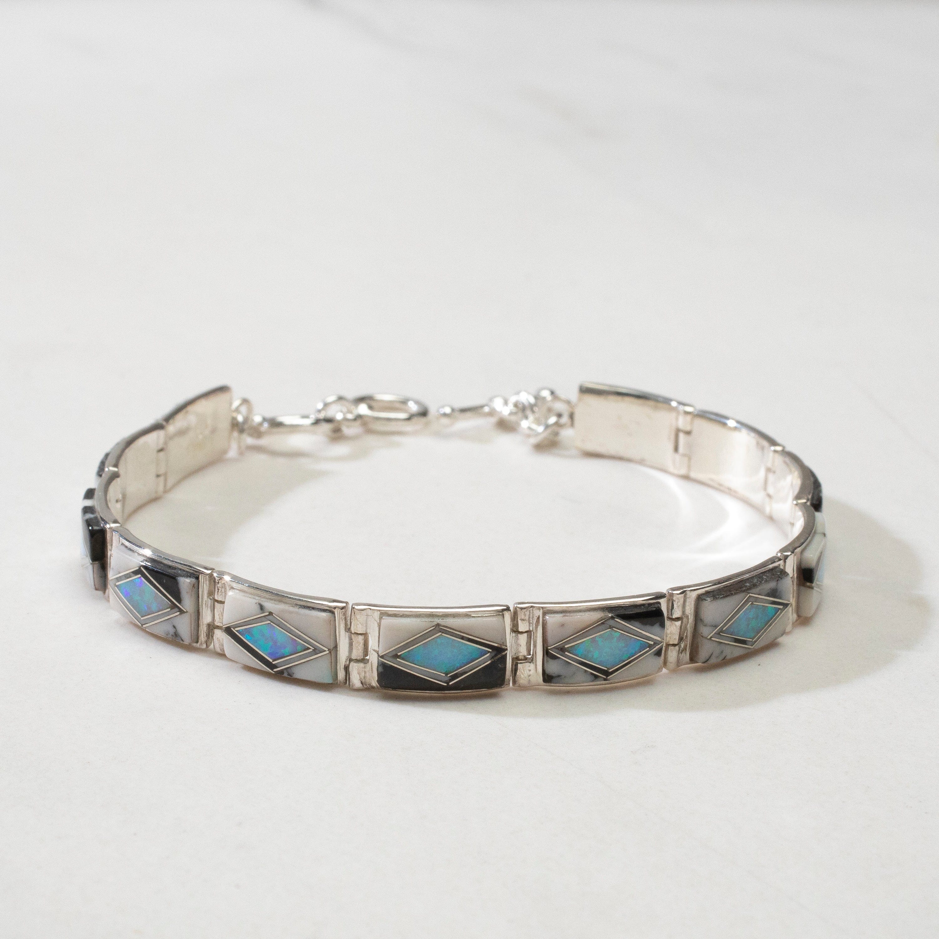 Kalifano Southwest Silver Jewelry White Buffalo Turquoise 925 Sterling Silver USA Handmade Bracelet with Opal Accent NMB.0553.WB