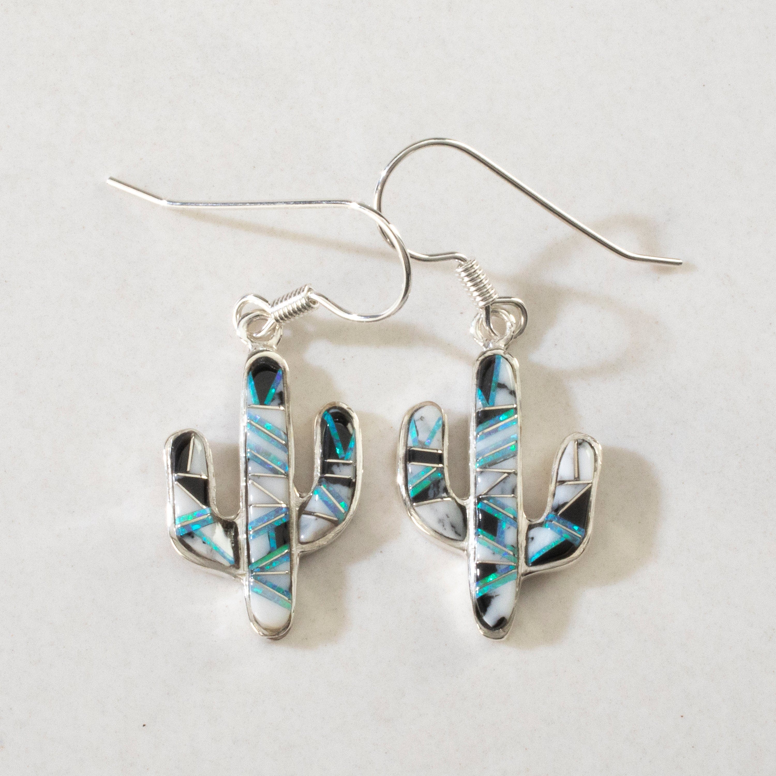 Kalifano Southwest Silver Jewelry White Buffalo Turquoise Cactus USA Handmade 925 Sterling Silver Earrings with Opal Accent & French Hook Backing NME.0602.WB