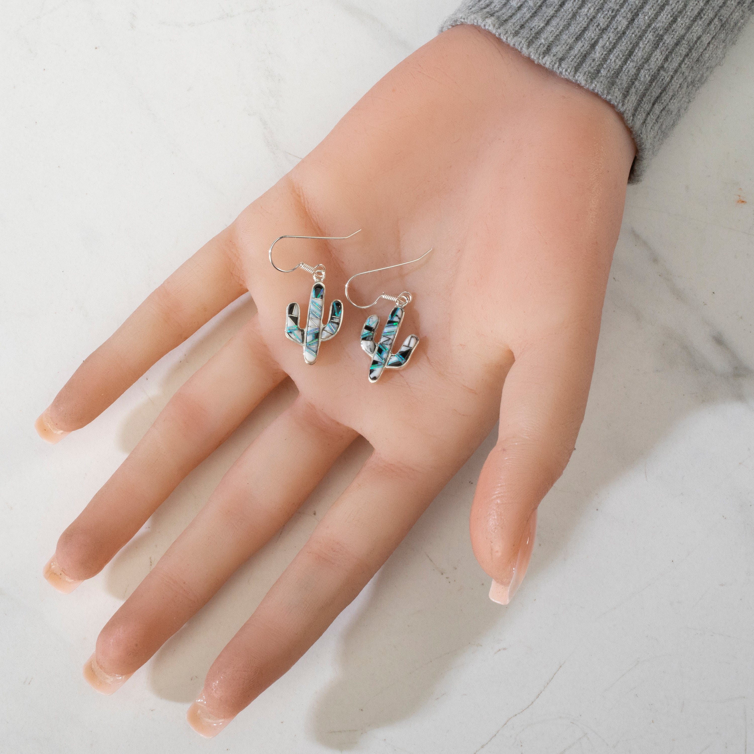 Kalifano Southwest Silver Jewelry White Buffalo Turquoise Cactus USA Handmade 925 Sterling Silver Earrings with Opal Accent & French Hook Backing NME.0602.WB