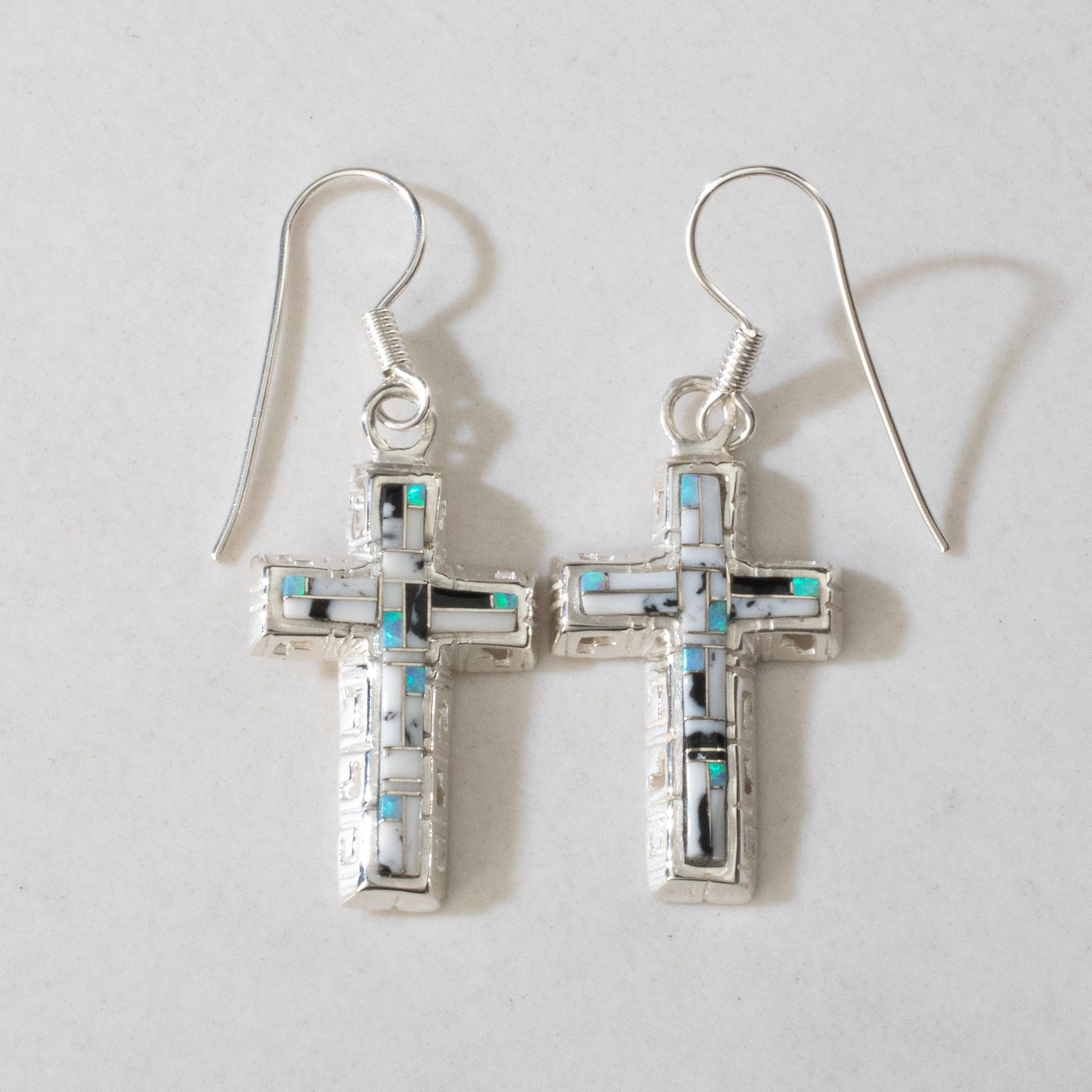 Kalifano Southwest Silver Jewelry White Buffalo Turquoise Cross USA Handmade 925 Sterling Silver Earrings with Opal Accent & French Hook Backing NME.0587.WB