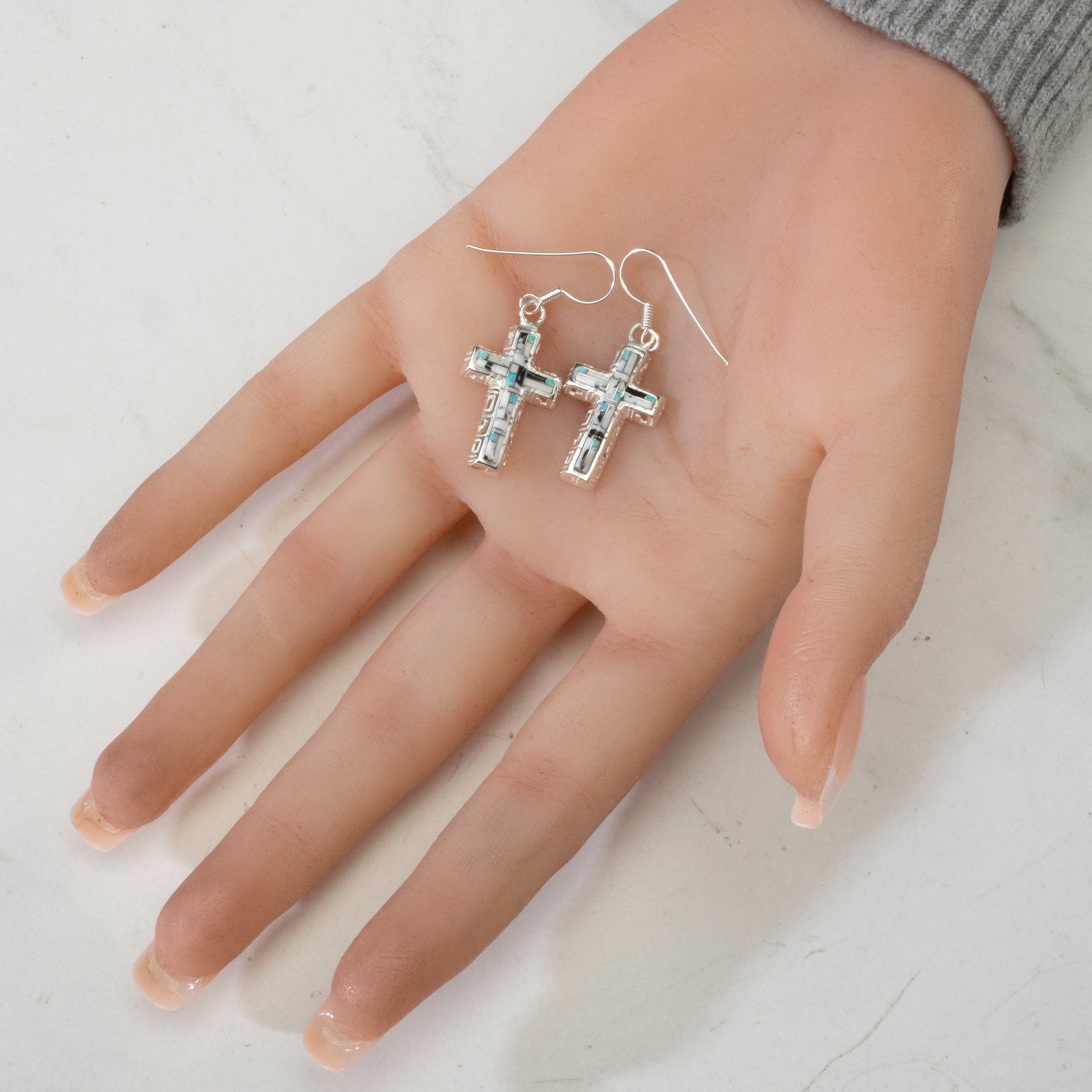 Kalifano Southwest Silver Jewelry White Buffalo Turquoise Cross USA Handmade 925 Sterling Silver Earrings with Opal Accent & French Hook Backing NME.0587.WB