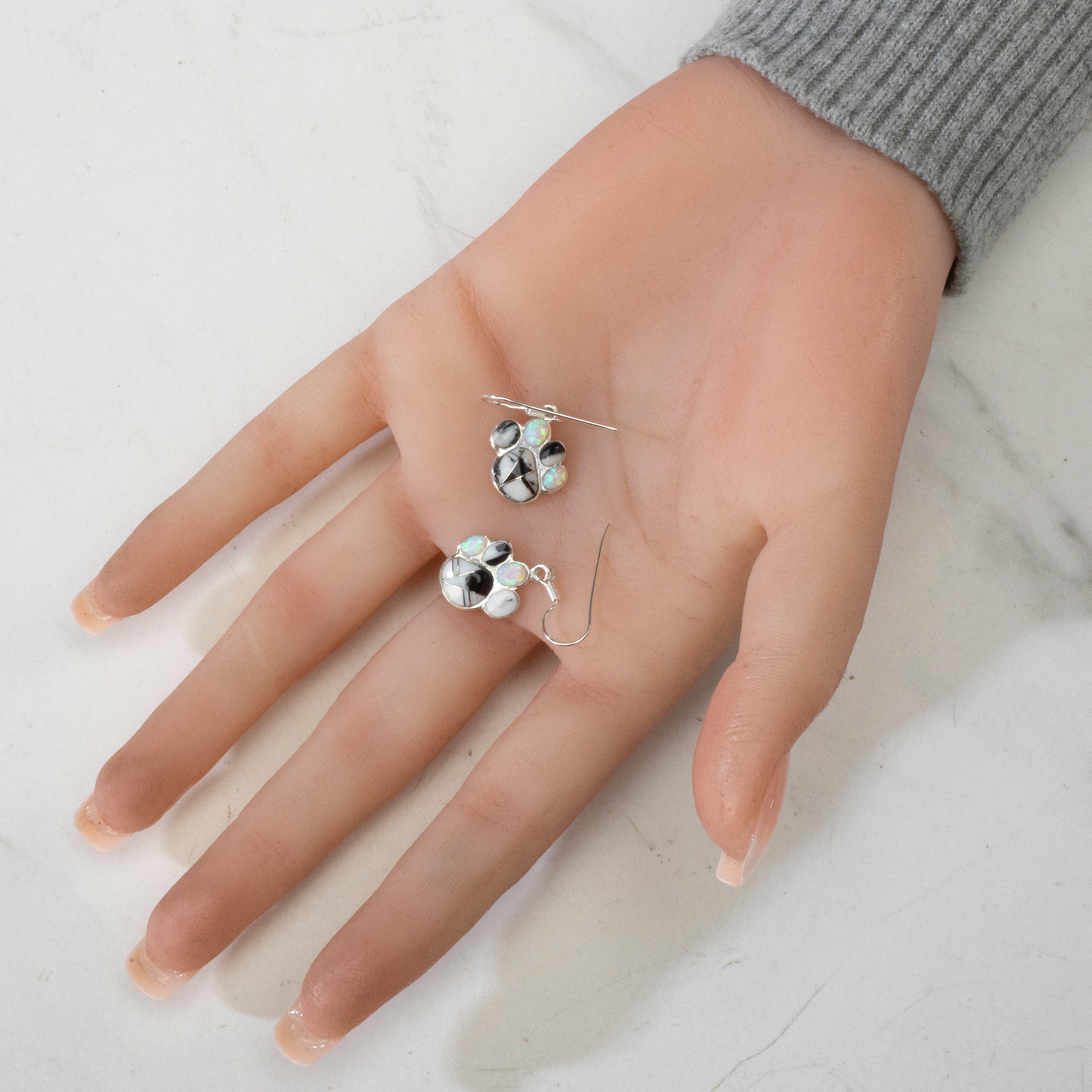 Kalifano Southwest Silver Jewelry White Buffalo Turquoise Dog Paw USA Handmade 925 Sterling Silver Earrings with Opal Accent & French Hook Backing NME.2364.WB