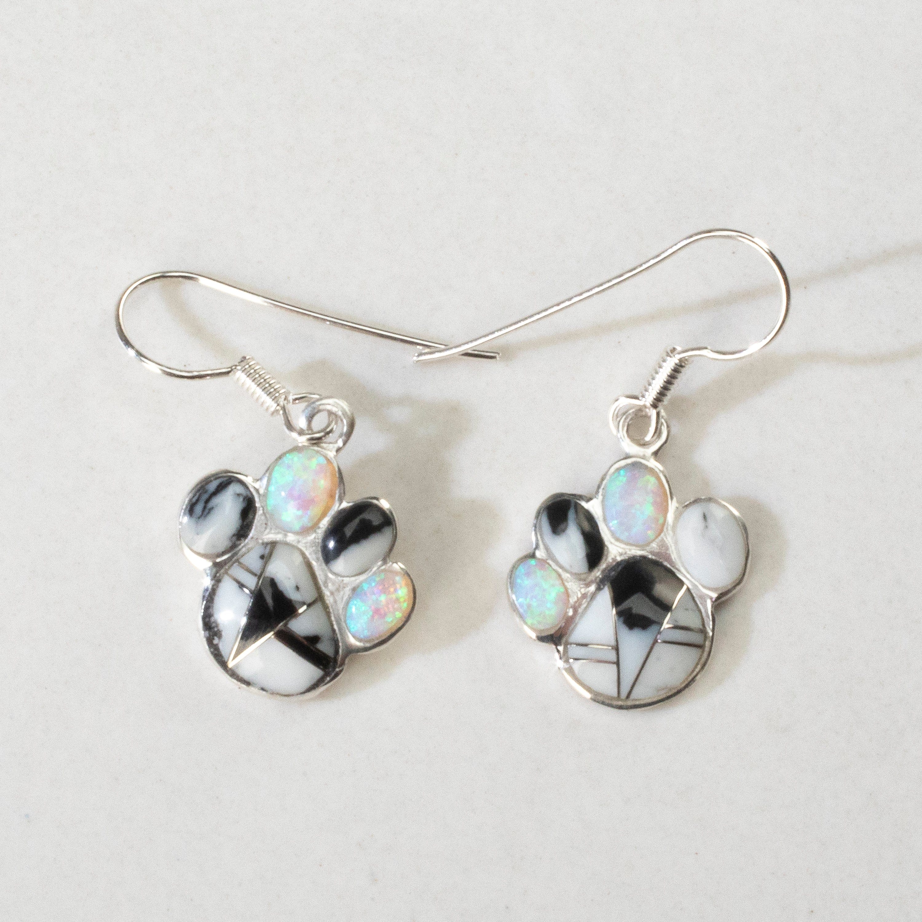 Kalifano Southwest Silver Jewelry White Buffalo Turquoise Dog Paw USA Handmade 925 Sterling Silver Earrings with Opal Accent & French Hook Backing NME.2364.WB
