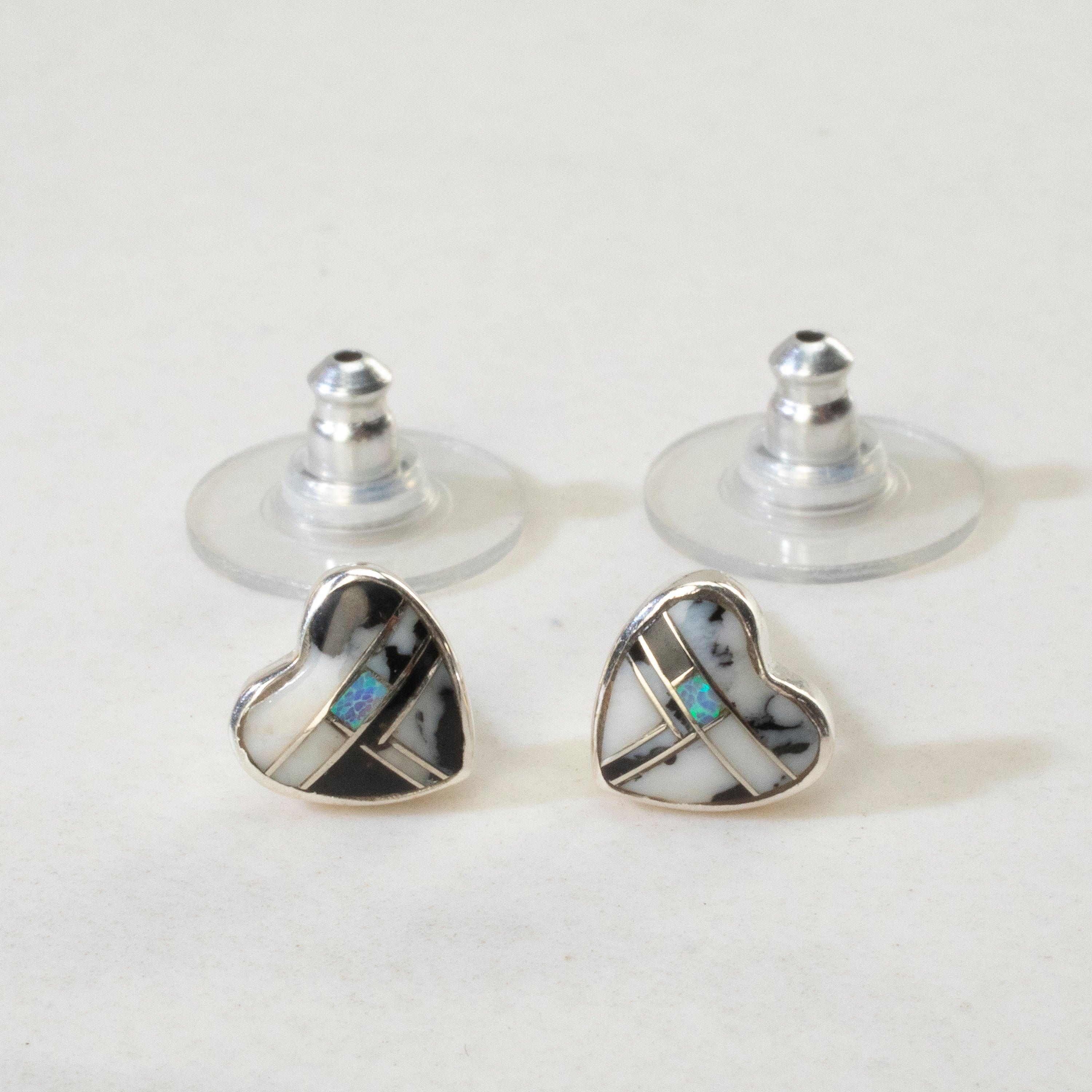 Kalifano Southwest Silver Jewelry White Buffalo Turquoise Heart USA Handmade 925 Sterling Silver Earrings with Opal Accent & Stud Backing NME.2240.WB