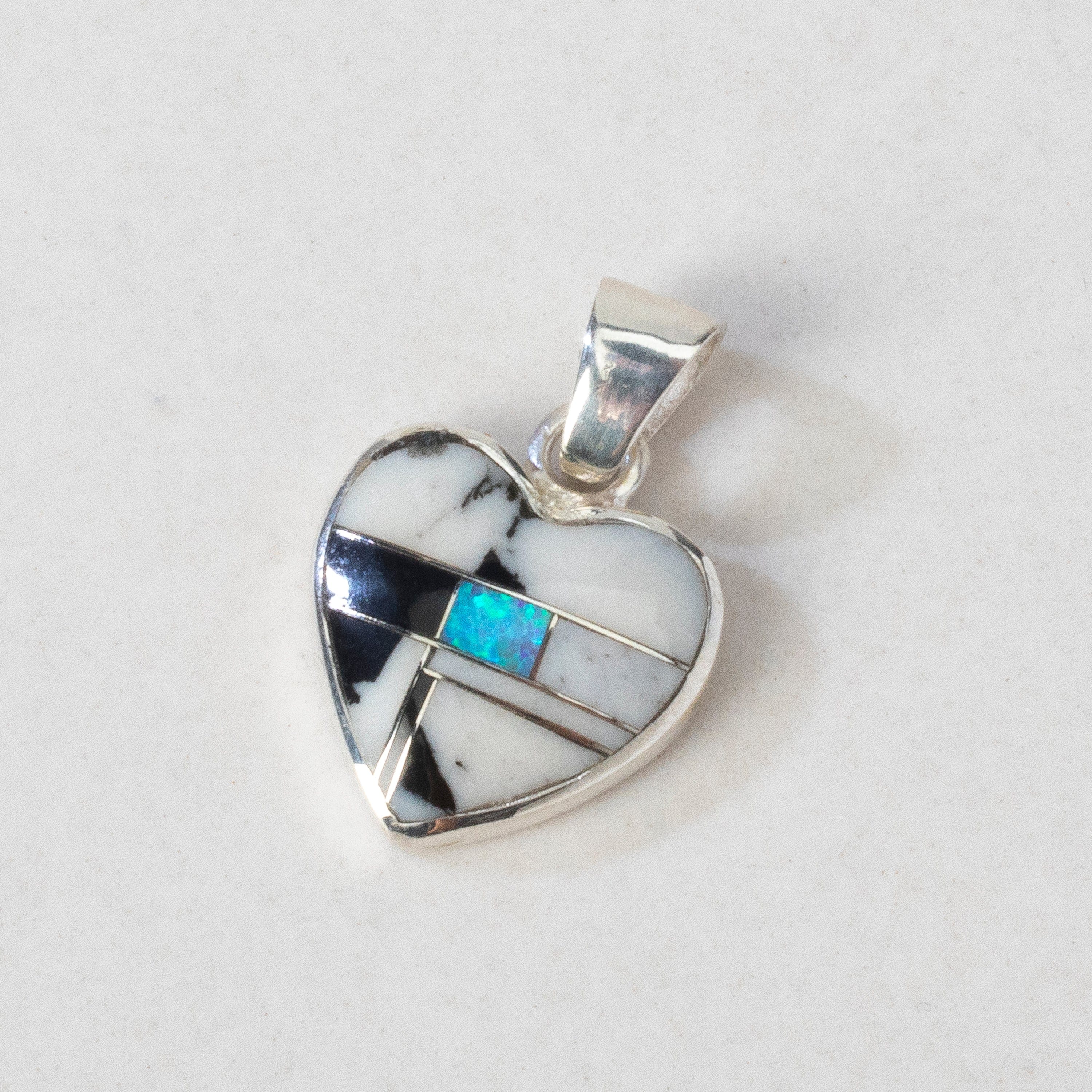 Kalifano Southwest Silver Jewelry White Buffalo Turquoise Heart USA Handmade 925 Sterling Silver Pendant with Opal Accent NMN.2240.WB
