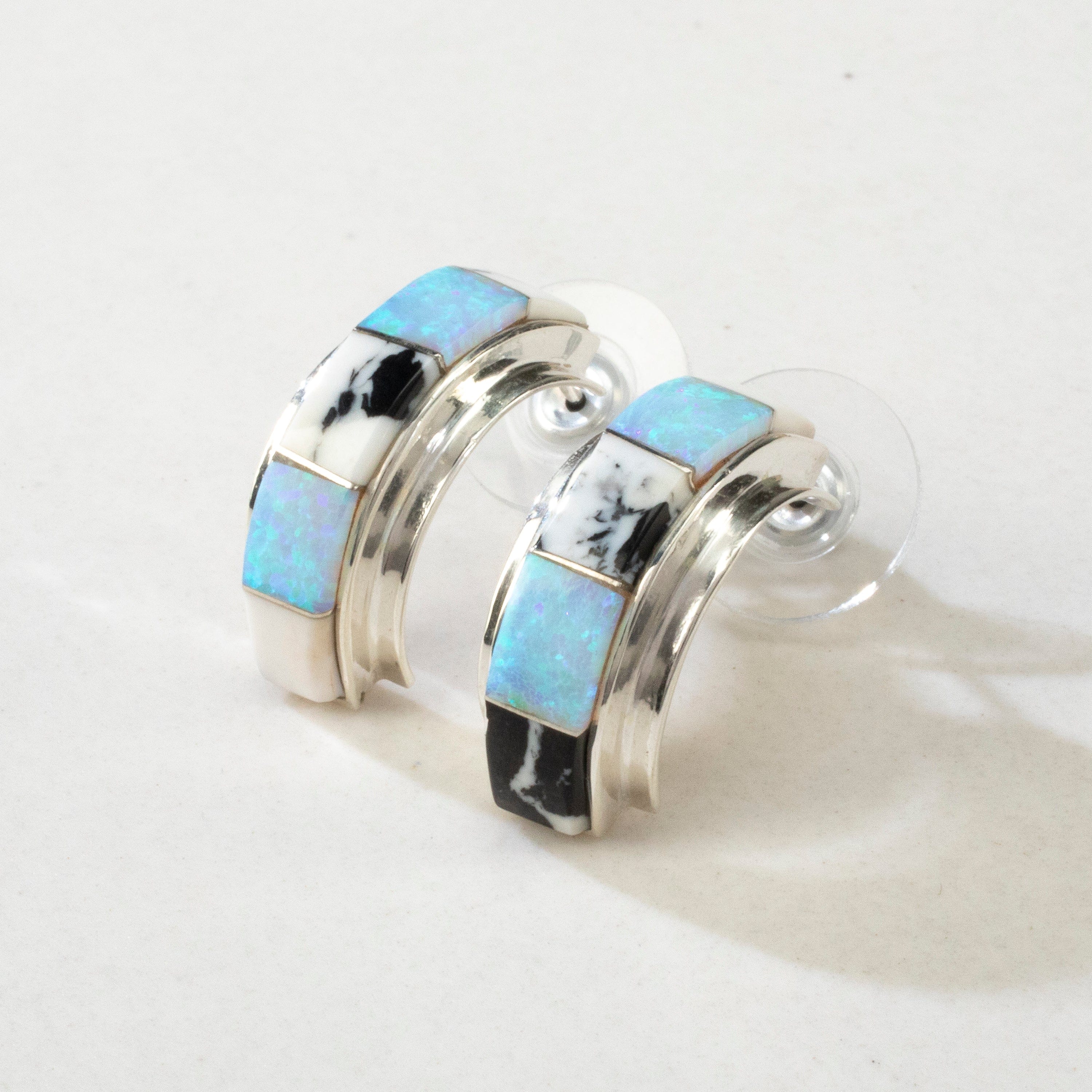 Kalifano Southwest Silver Jewelry White Buffalo Turquoise & Opal Semi Hoop USA Handmade 925 Sterling Silver Earrings with Stud Backing NME.0391.WB