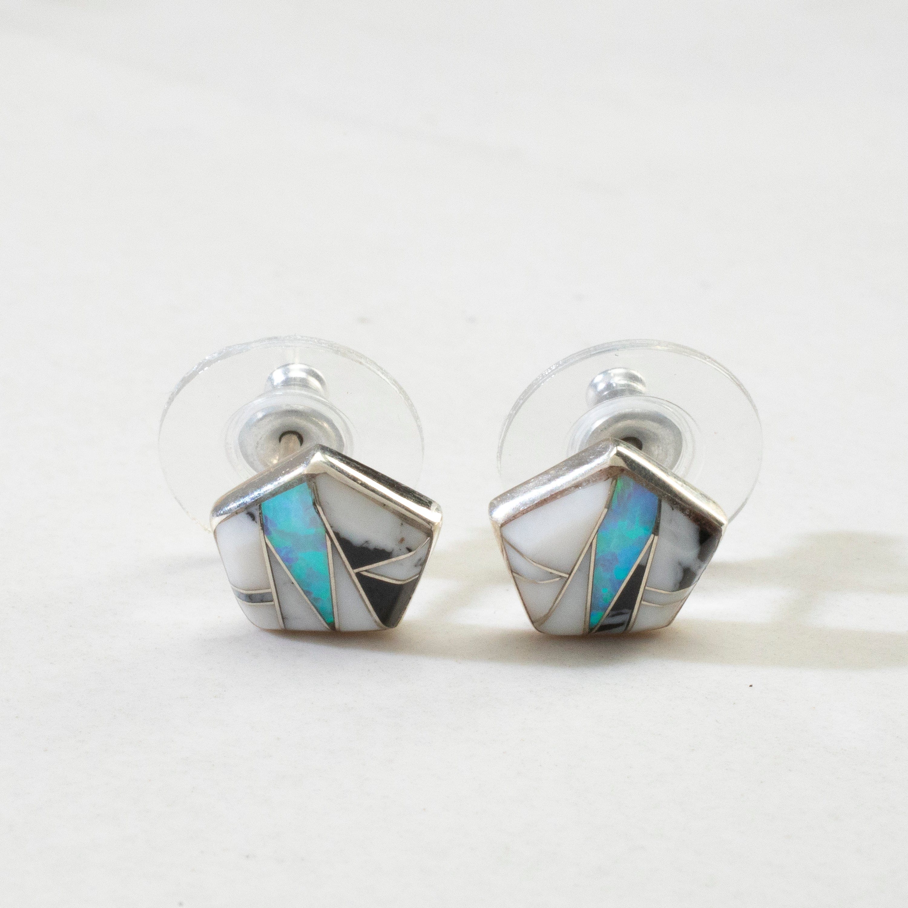 Kalifano Southwest Silver Jewelry White Buffalo Turquoise Pentagon USA Handmade 925 Sterling Silver Earrings with Opal Accent & Stud Backing NME.2270.WB